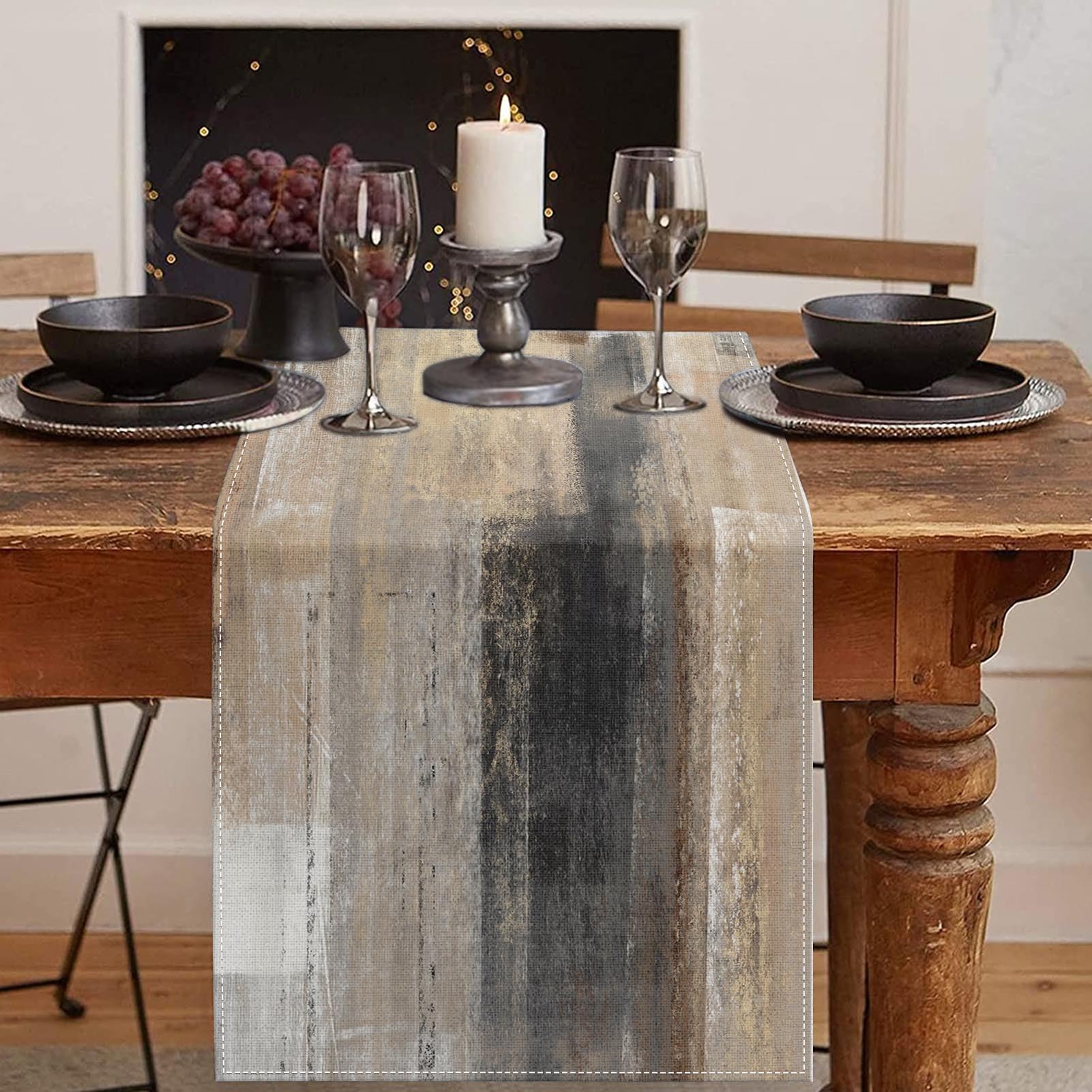 Photo 1 of Emvency Farmhouse Table Runner, Abstract White and Brown Art Painting for Kitchen Coffee Table Family Dinners Holiday Parties Wedding Events Decor(13x90 inch)