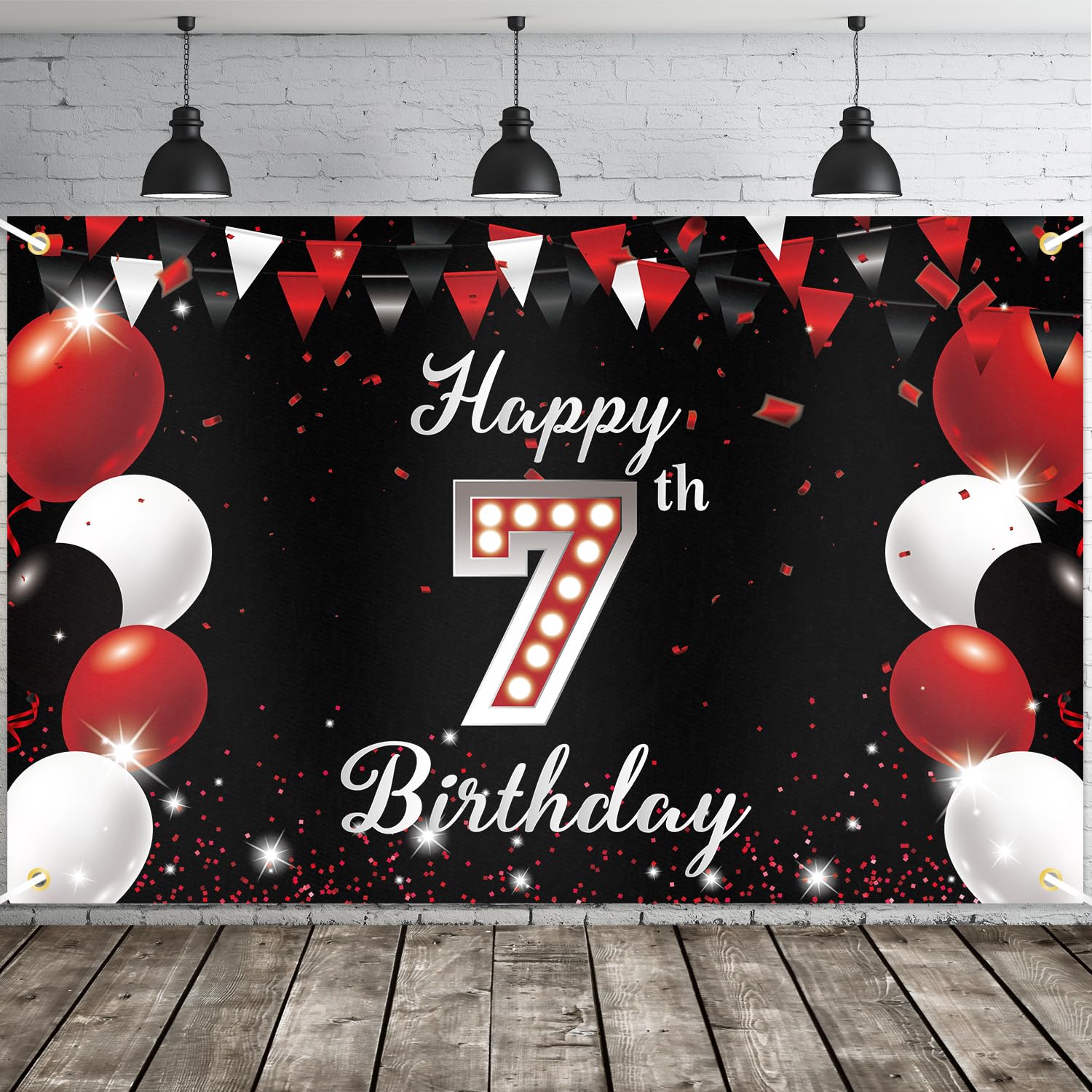 JOYKY Happy 7th Birthday Banner, Red Black Party Decorations for Boys Girls, 7 Year Old Backdrop Décor Supplies, 5.9 X 3.8 Fts
