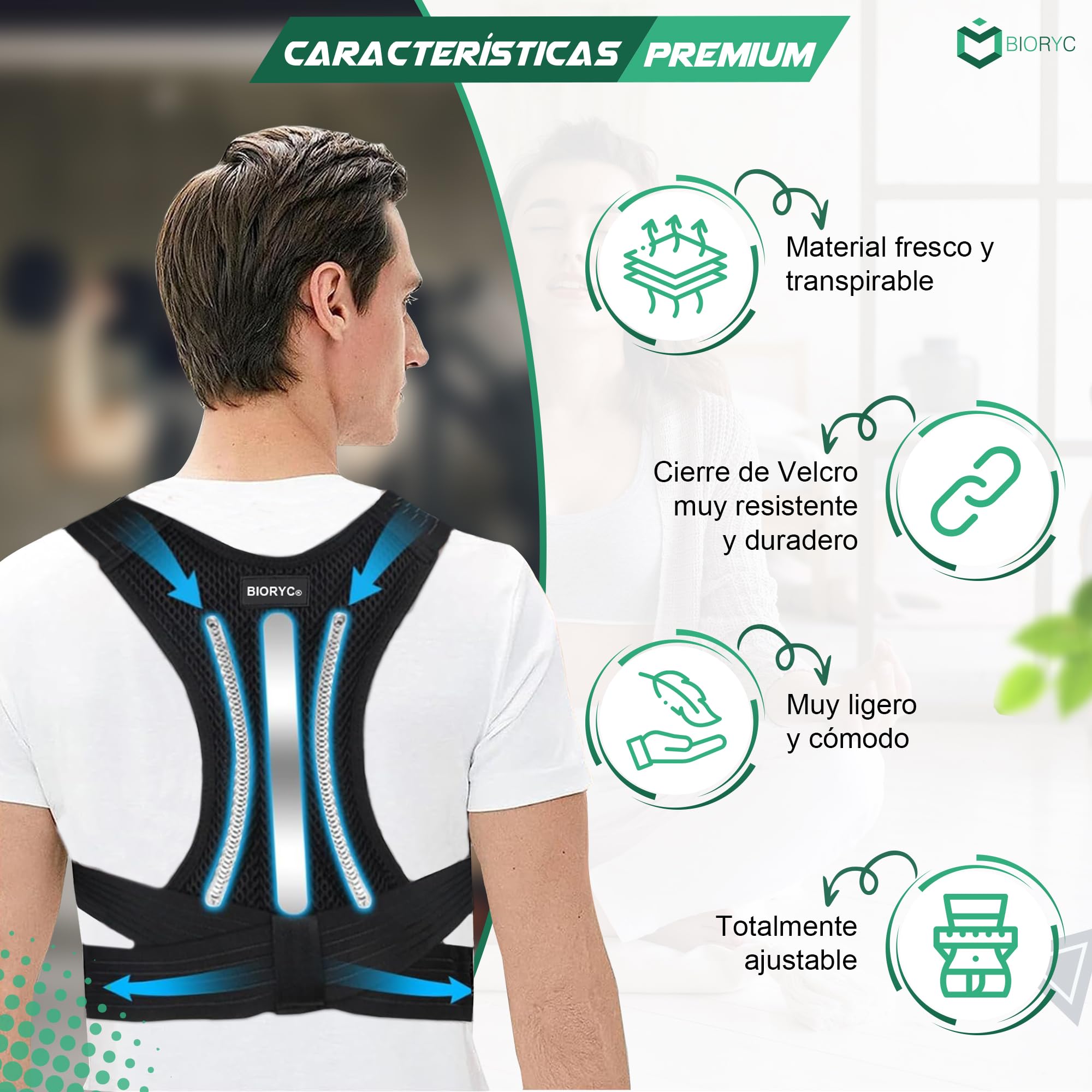 Corrector de Postura Espalda y Hombros para Hombre y Mujer con Bolsa de Transporte. Espaldera Ajustable y Transpirable. Soporte Lumbar para Alivio del Dolor y Mejora de Higiene Postural. (M)