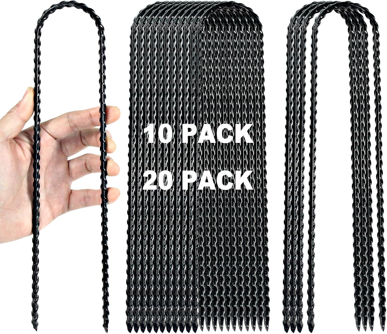 12 Inch Trampoline Wind Stakes Heavy Duty U Shaped Stakes for Ground, Trampoline Tie Down Anchor Kit for Swing Set, Camping Tents and Soccer Goal, Black Rebar Anchors (20)