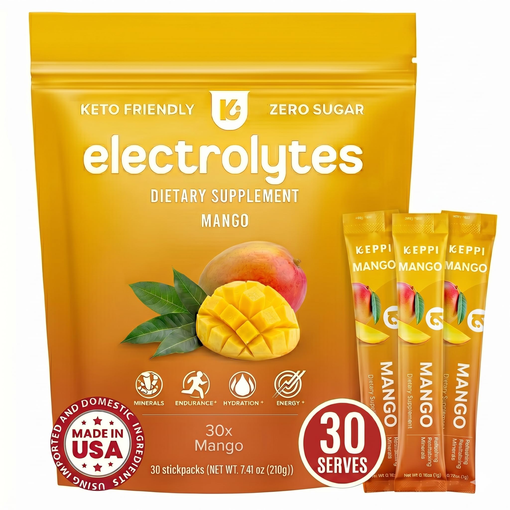 Keppi Mango-Elektrolyt-Pulver-Pakete – 30 zuckerfreie Hydratationspakete, ketofreundliche Trinkpakete perfekt für Reisen, Fitnessstudio und tägliche Erfrischung