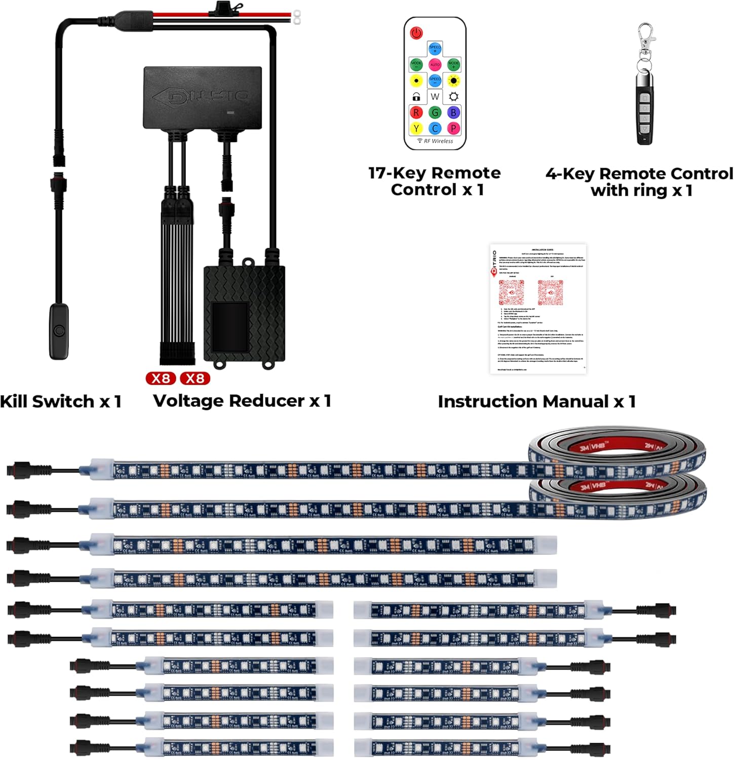 16pcs Golf Cart Led Lights with 12V-72V Voltage Reducer, RGB Led Underglow Light Kit with 2 Remotes and DITRIO App Control,Waterproof,Sound Active, Battery Drain Protect Kill Switch