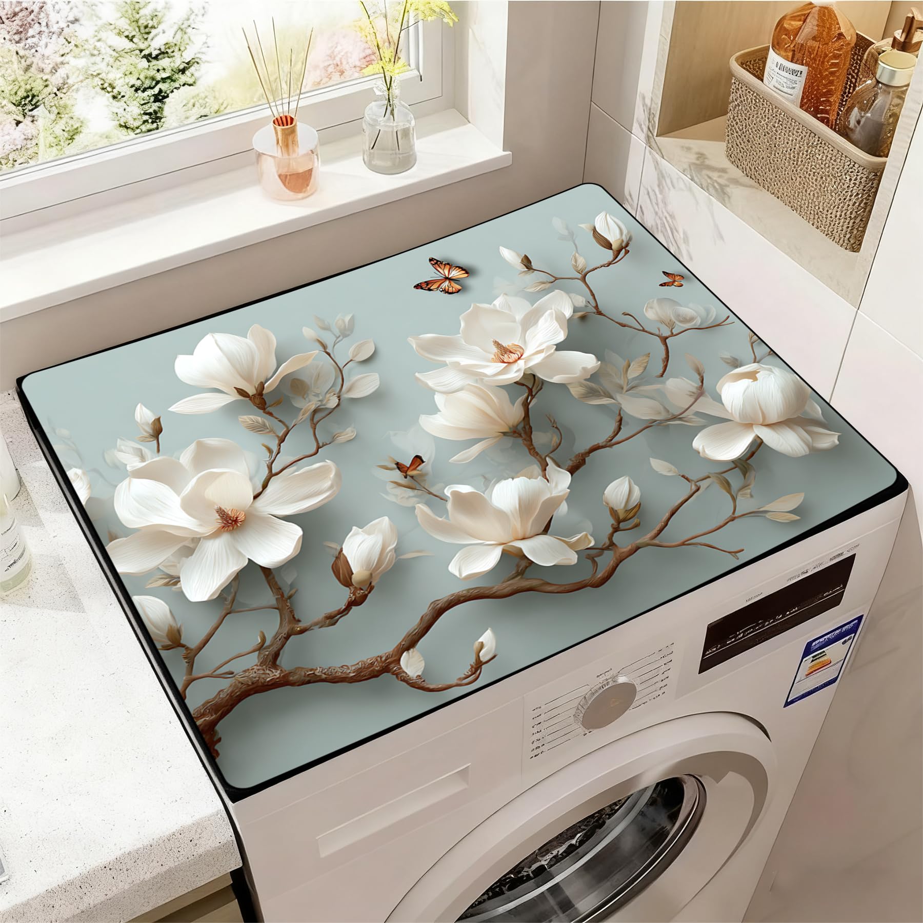 Washer and Dryer Covers for the Top, Non-slip Dryer Top Protector Mat, Dust-proof Washing Machine Cover, 23.6" x 19.7" (Magnolia, 23.6" x 23.6")