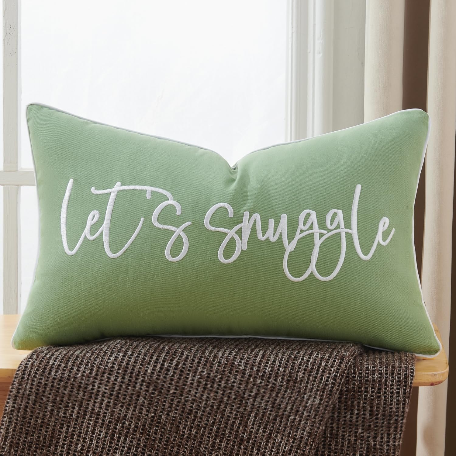 Sunkifover Men's Sage Green Let's Snuggle Decorative Lumbar Pillow Cover - 12X20 Inch And White Cotton Embroidery Throw Pillowcase For Bed, Bedroom, Living Room, Home Decor