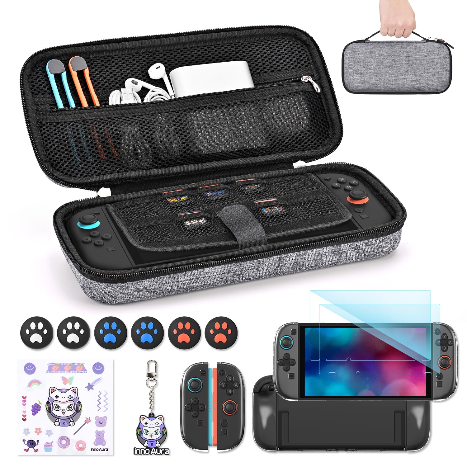 innoAura Switch 2 Case 14-in-1 Bundle for NS Switch 2 (2025), with Carrying Case, Protective Cover, Thumb Grips, Screen Protector, Cute Pendant and Sticker, Gray