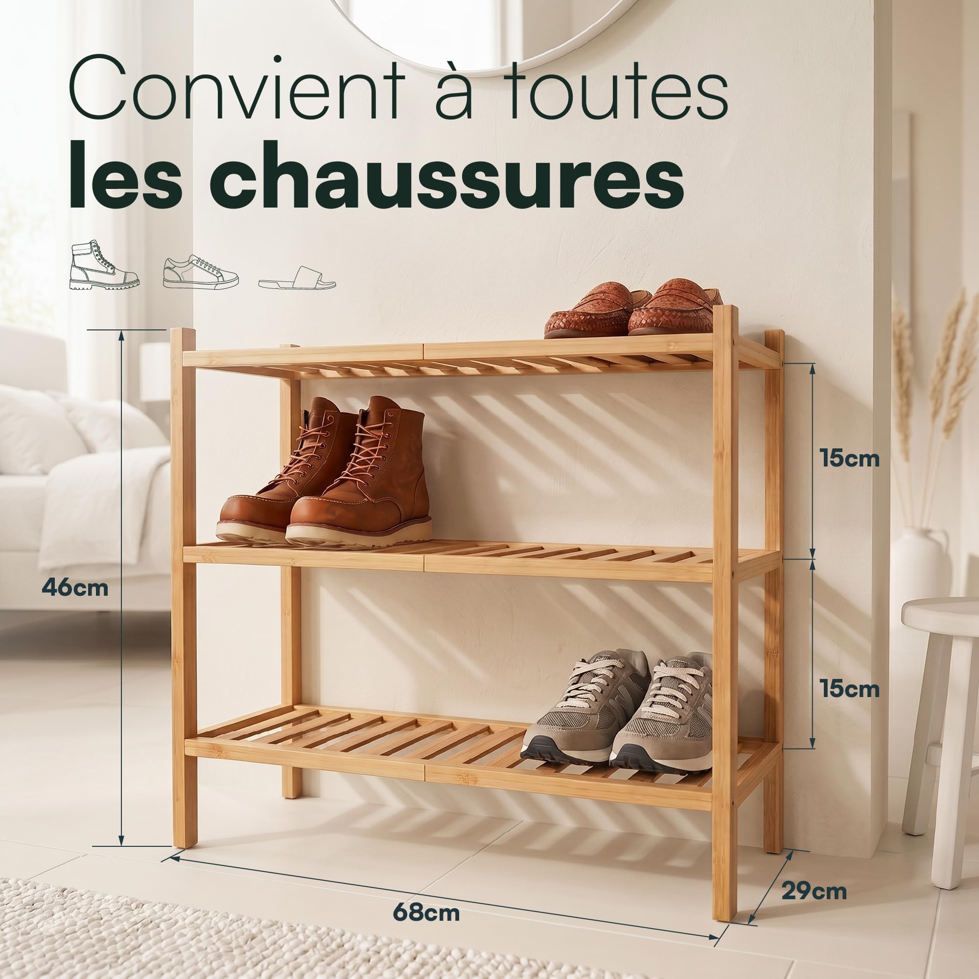 Meuble à Chaussures Entrée - Rangement Chaussures - Étagère Bambou | BAM BOO BOX Étagère à Chaussures 3 Niveaux Bambou – Range Souliers Gain de Place 68x28x46,5 cm – Support Empilable