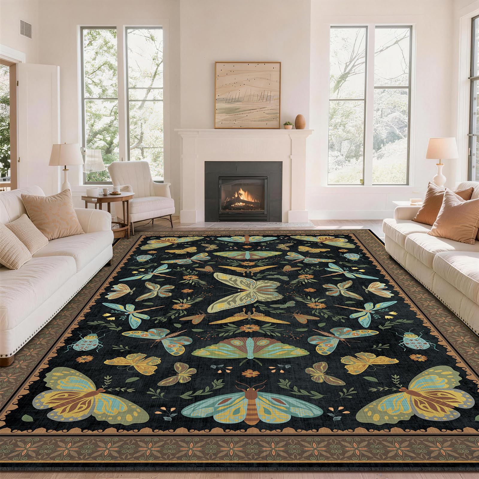 SOANNY Butterfly Rug Living Room, Soft Low Pile Washable Non Slip Area Carpet for Bedroom Kitchen Entryway Beside Sofa Office Dorm, Modern Stain Resistant Mat Floor Decor, 200x290 cm, Black Brown