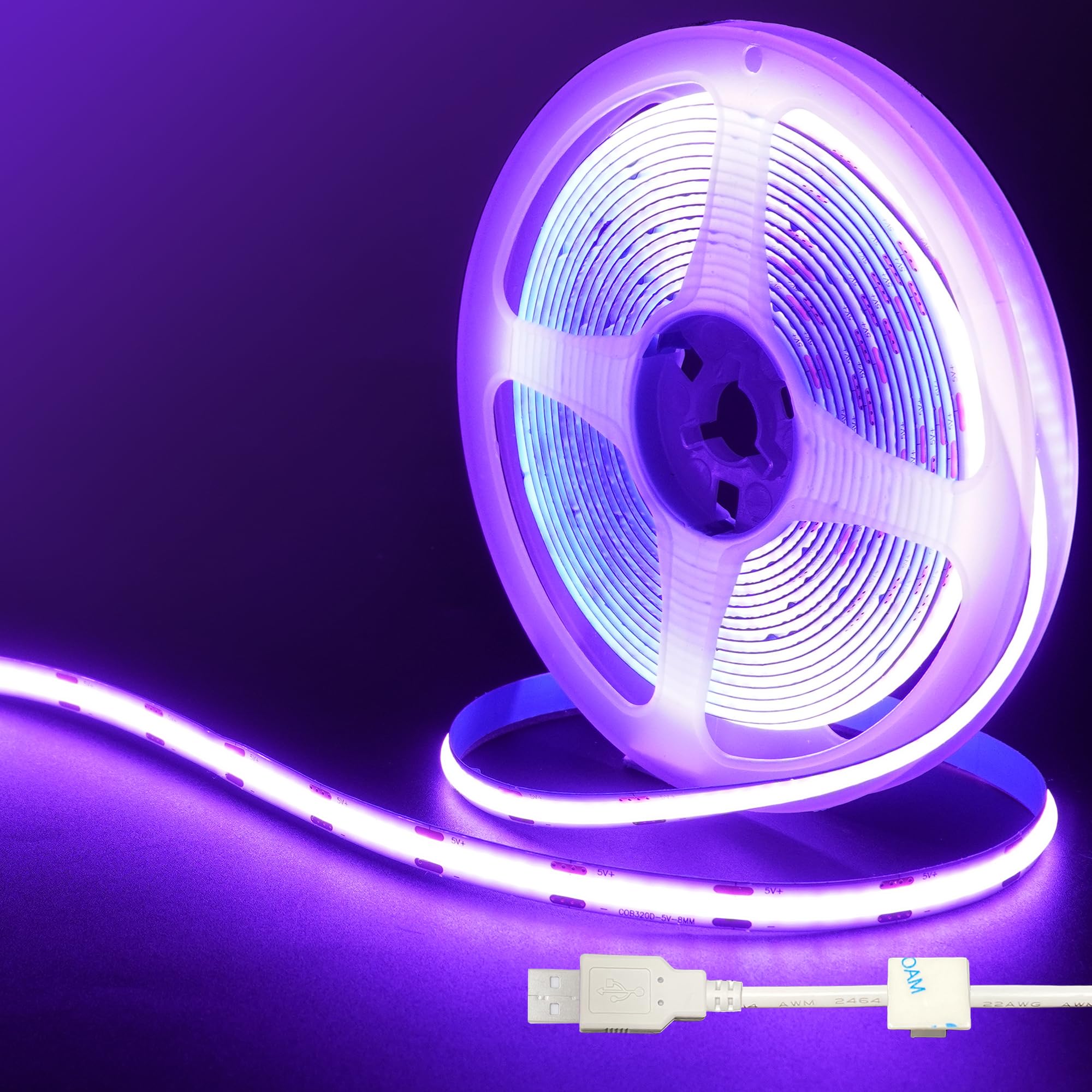 Clearhill 5V USB COB LED Strip Lights,16.4FT/5M,Purple,320LEDs/M,8mm Width,Not Waterproof IP20,1M USB Cable,Flexible LED Tape Light for DIY Home Indoor Decoration