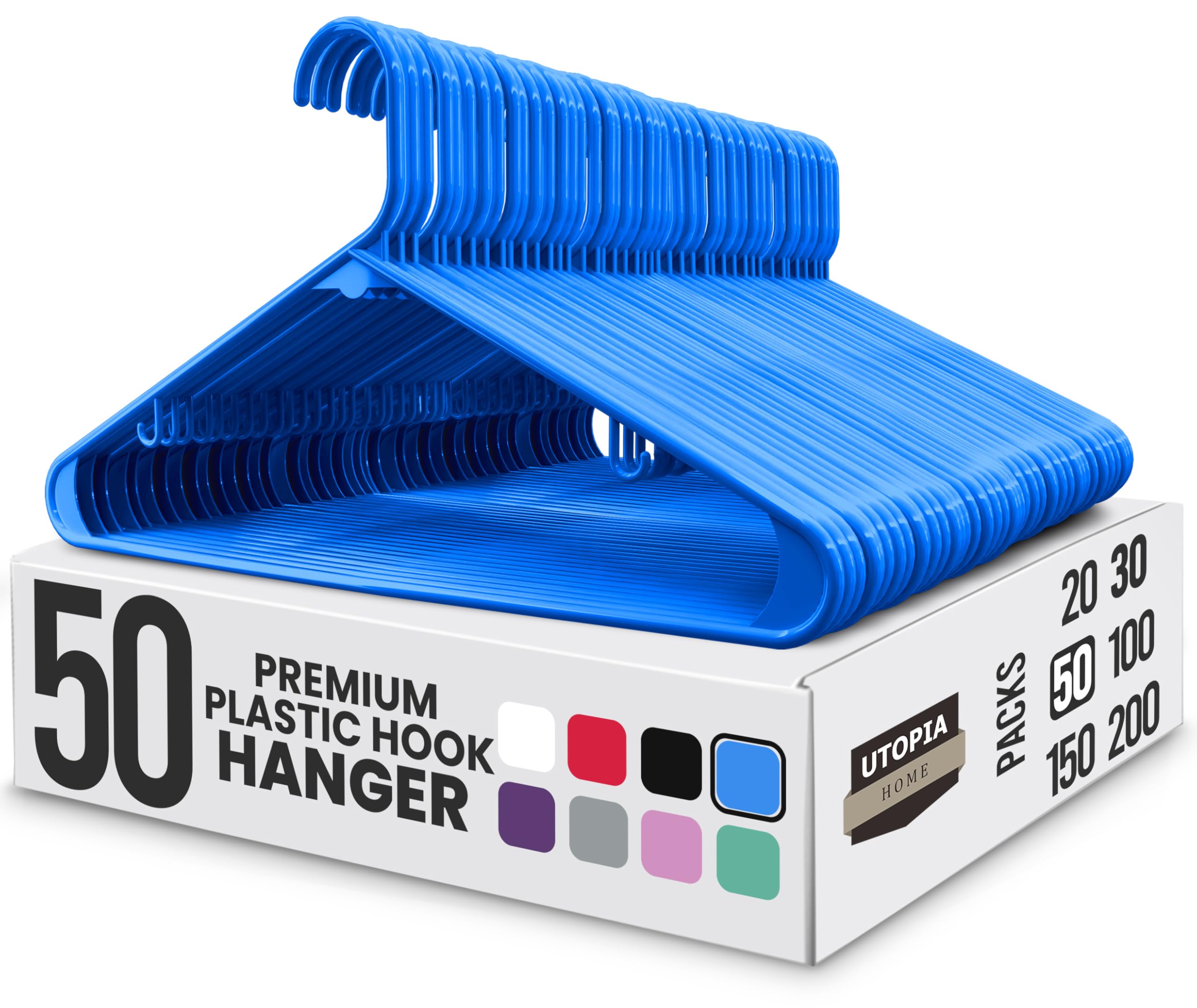 Utopia Home Plastic Hangers 50 Pack - Clothes Hanger with Hooks - Durable & Space Saving (Blue)