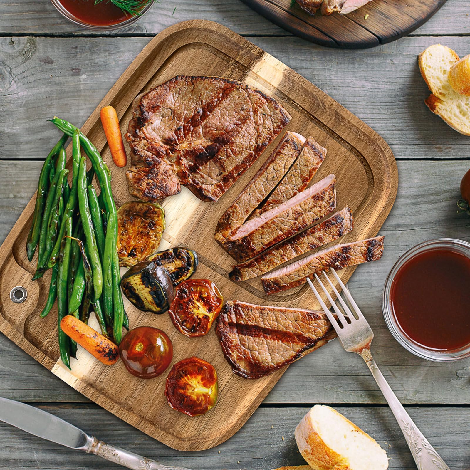 6er Set Akazienholz Steak Bretter, Holz Steak Servierbrett mit Saftk | Küche Schneidebrett Steakteller Servierplatte Holzbrett Brett für Fleisch Grill Brot Dessert Burger Pizza Sushi, 33 x 28 cm