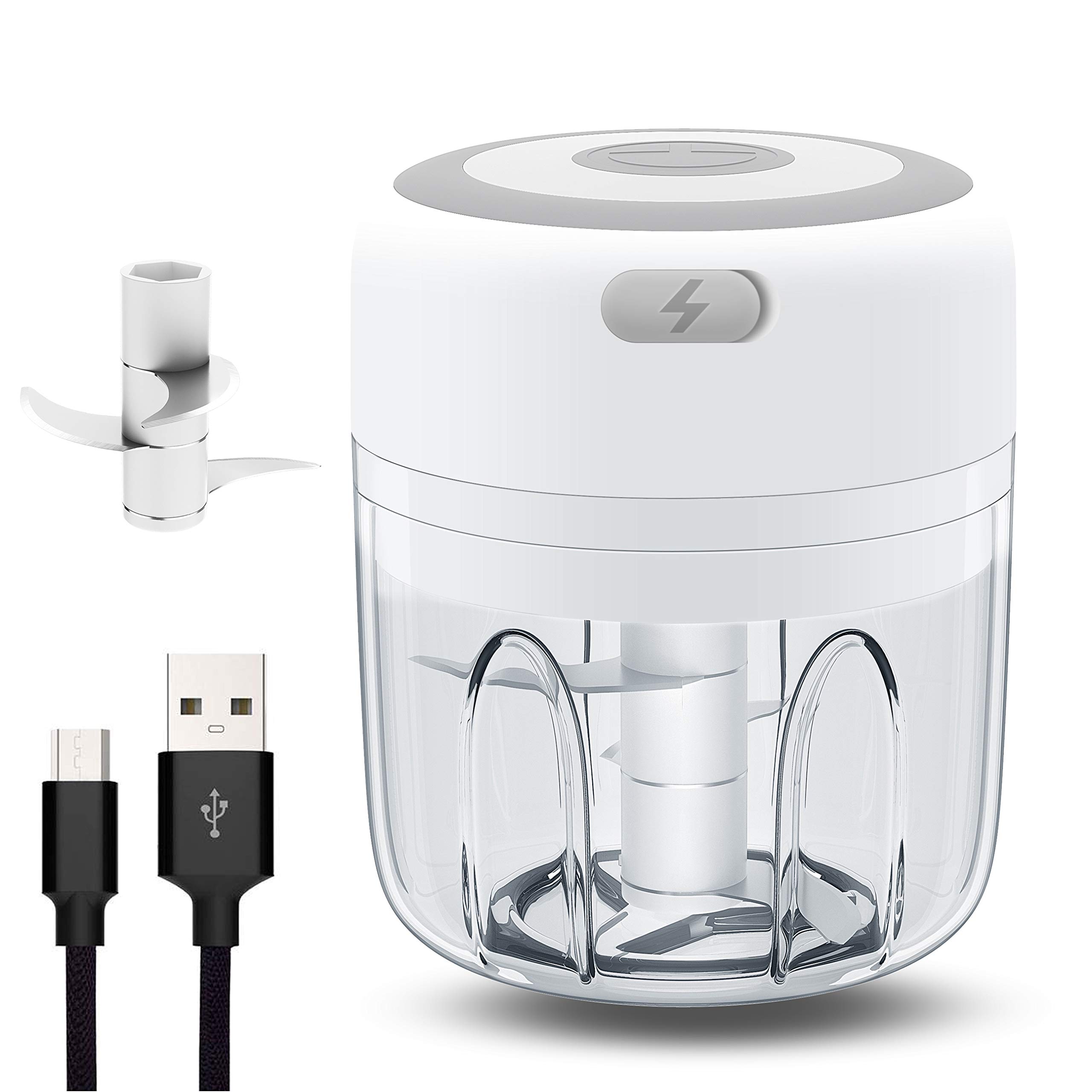 Electric Mini Garlic Chopper, Onion Chopper Portable Mini Chopper with Two Blade, Food Chopper for Garlic/Fruits/Vegetables/Onions/Nuts/Pepper/Ginger/Salad (250ML) (white)