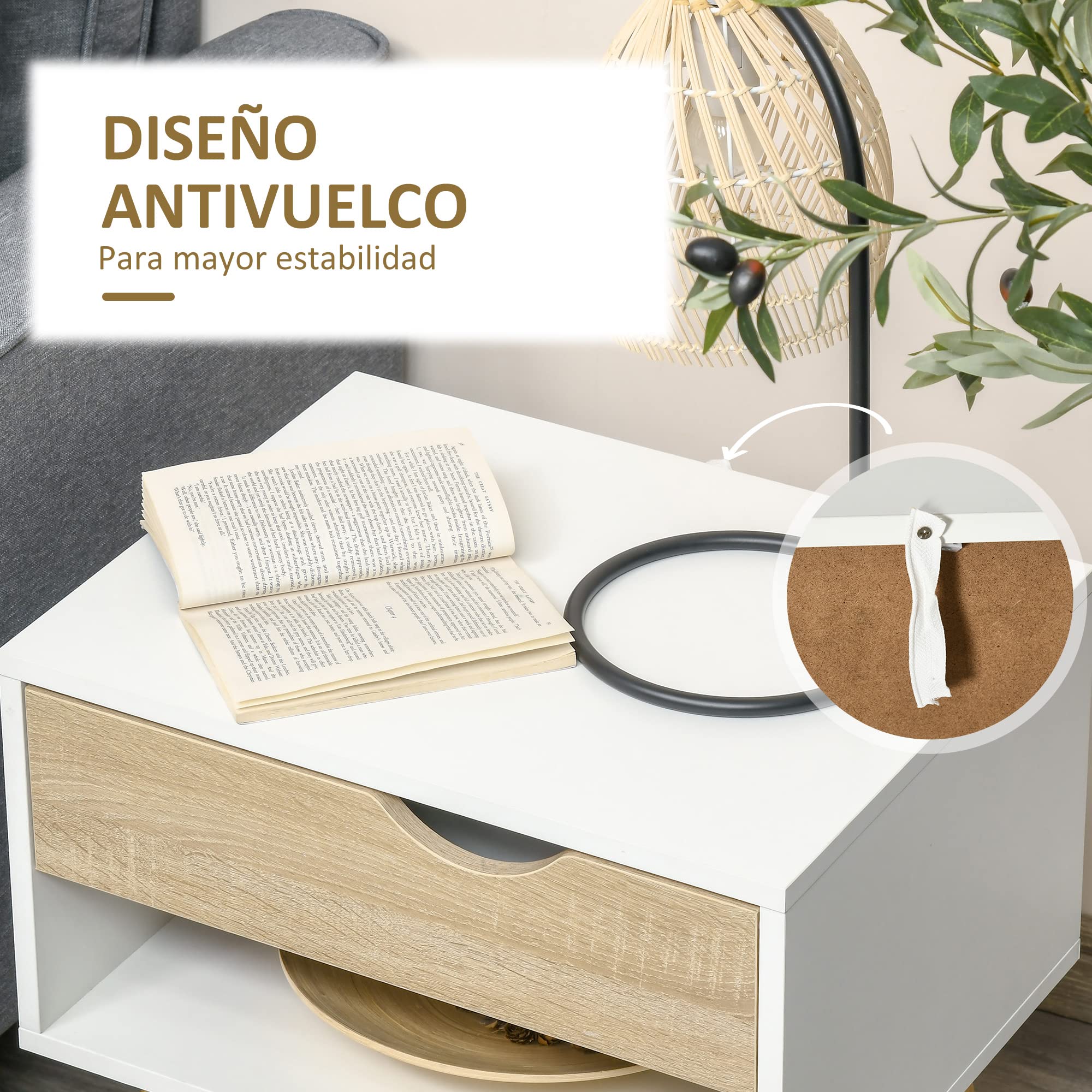 HOMCOM Set de 2 Mesitas de Noche con Cajón 50x39x51 cm Blanco y Roble | Mesa Auxiliar, Mesillas de Noche, Estante de Almacenamiento, Dormitorio Salón Cama Oficina, Estilo Moderno
