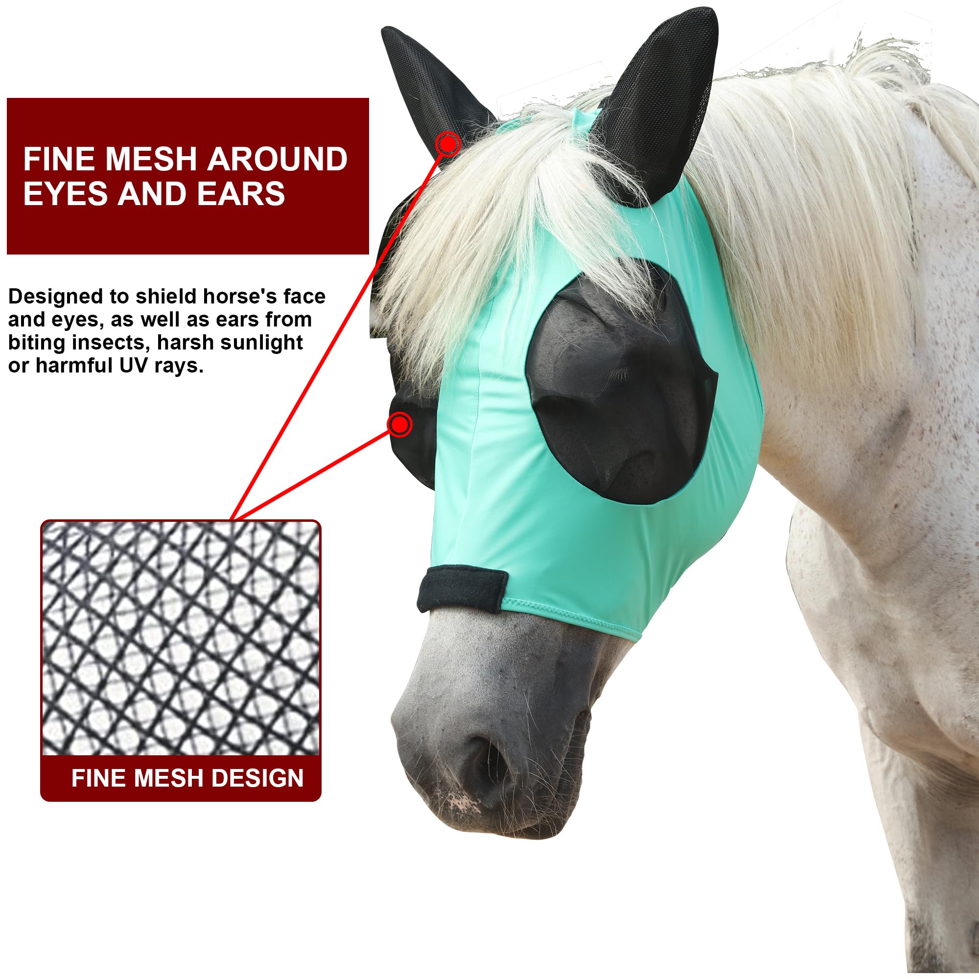Leberna Horse Fly Mask with Ears Smooth and Elasticity Fly Mask with UV Protection (Green, Cob) - Image 2