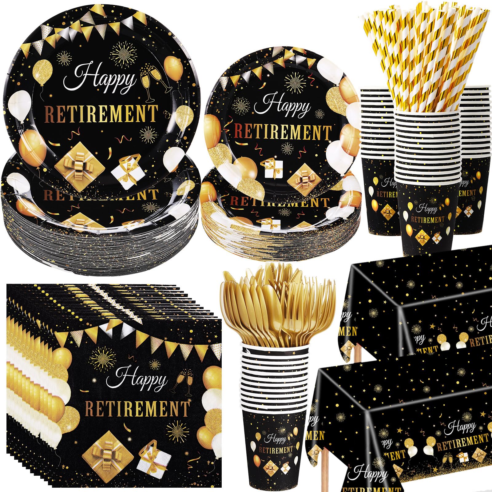 Funnymoom 452 Pcs Happy Retirement Party Decorations Men Black Gold Retirement Paper Plates and Napkins Cups Tablecloth Cutlery Straws Disposable Tableware Party Supplies for Men Women