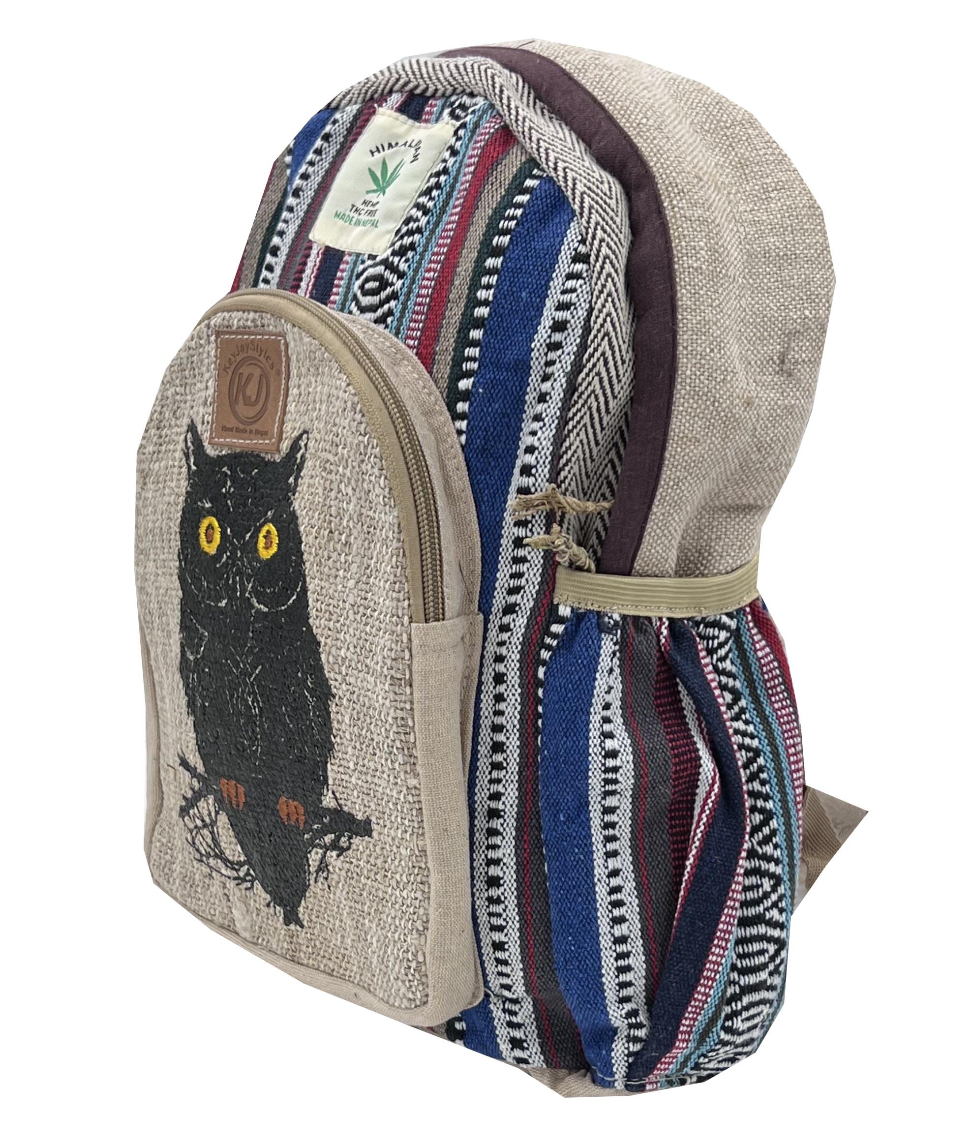 KayJayStyles Handmade Natural Hemp Nepal Backpack Purse for Women & Girls Small Lightweight Daypack, Owl, M, Daypack Backpacks