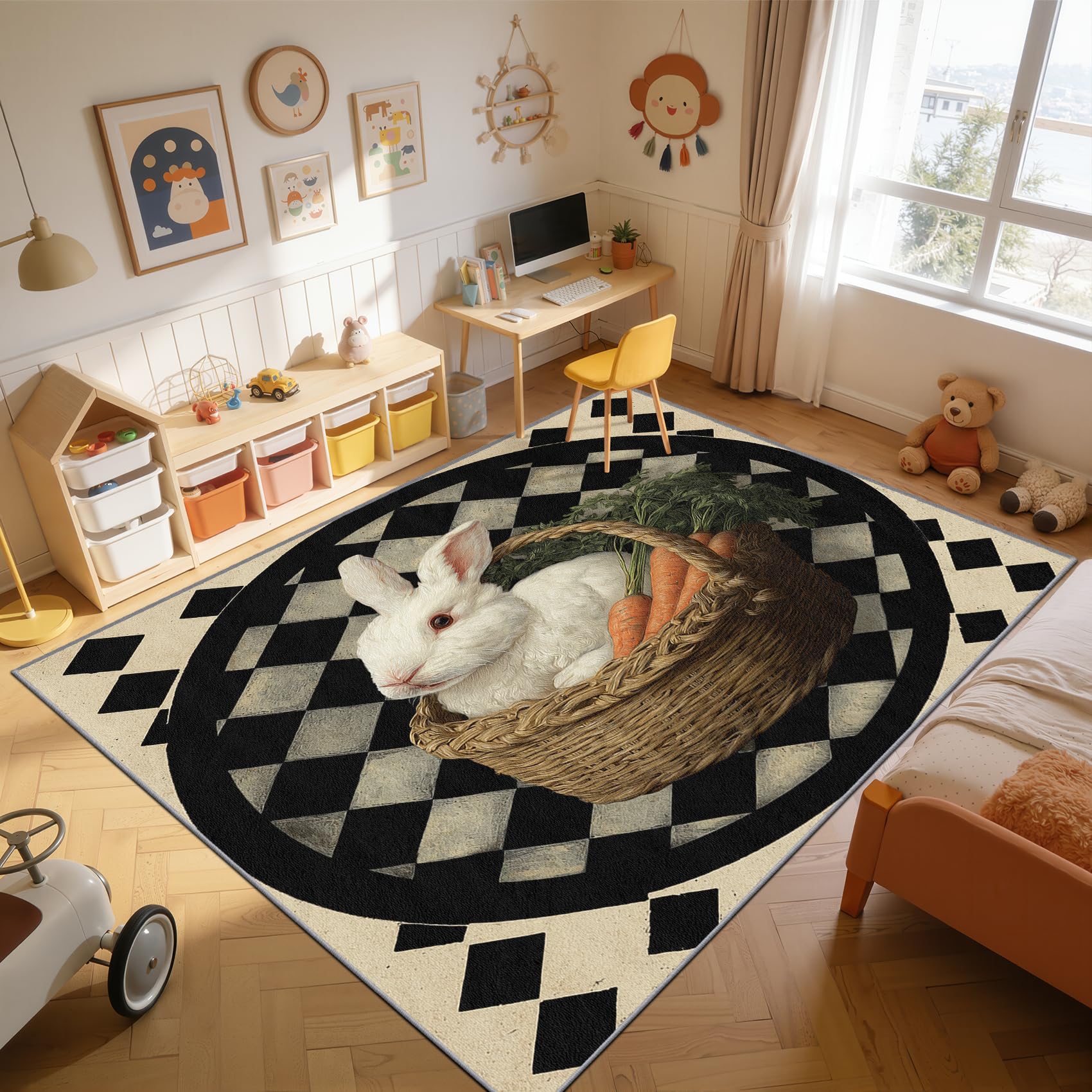 TerroVee Rabbit Rugs Living Room Large 160x230 - Bunny Checkered Bedroom Rug, Easter Nursery Washable Non Slip Low Pile Carpet, Rabbit Home Decor