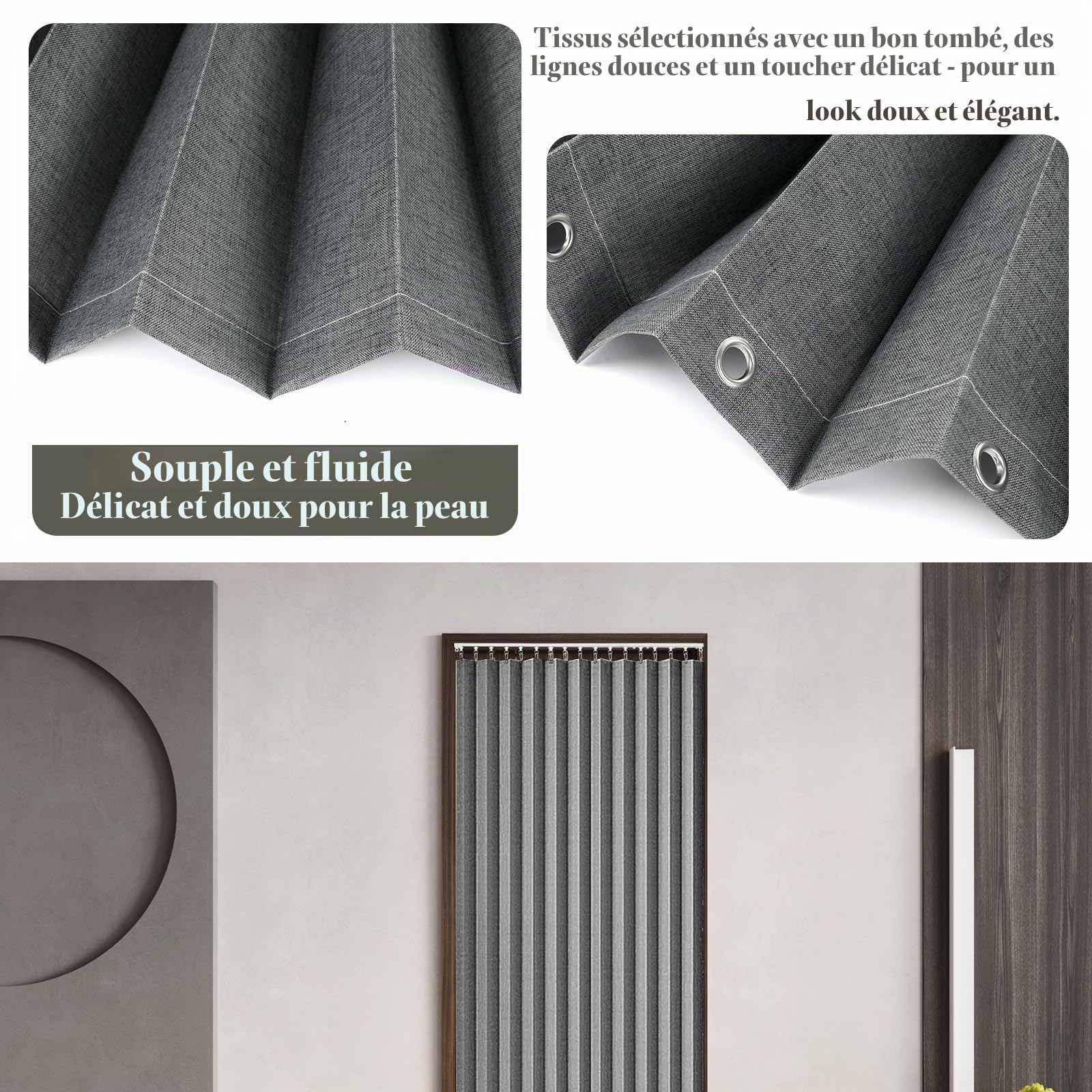 Rideau de Porte magnétique avec Tringle, sans perçage, 140 x 200 cm, Rideau occultant Pliable, Rideau Thermique Opaque avec Fermeture magnétique, Fixation adhésive pour séparation de pièce (Gris)
