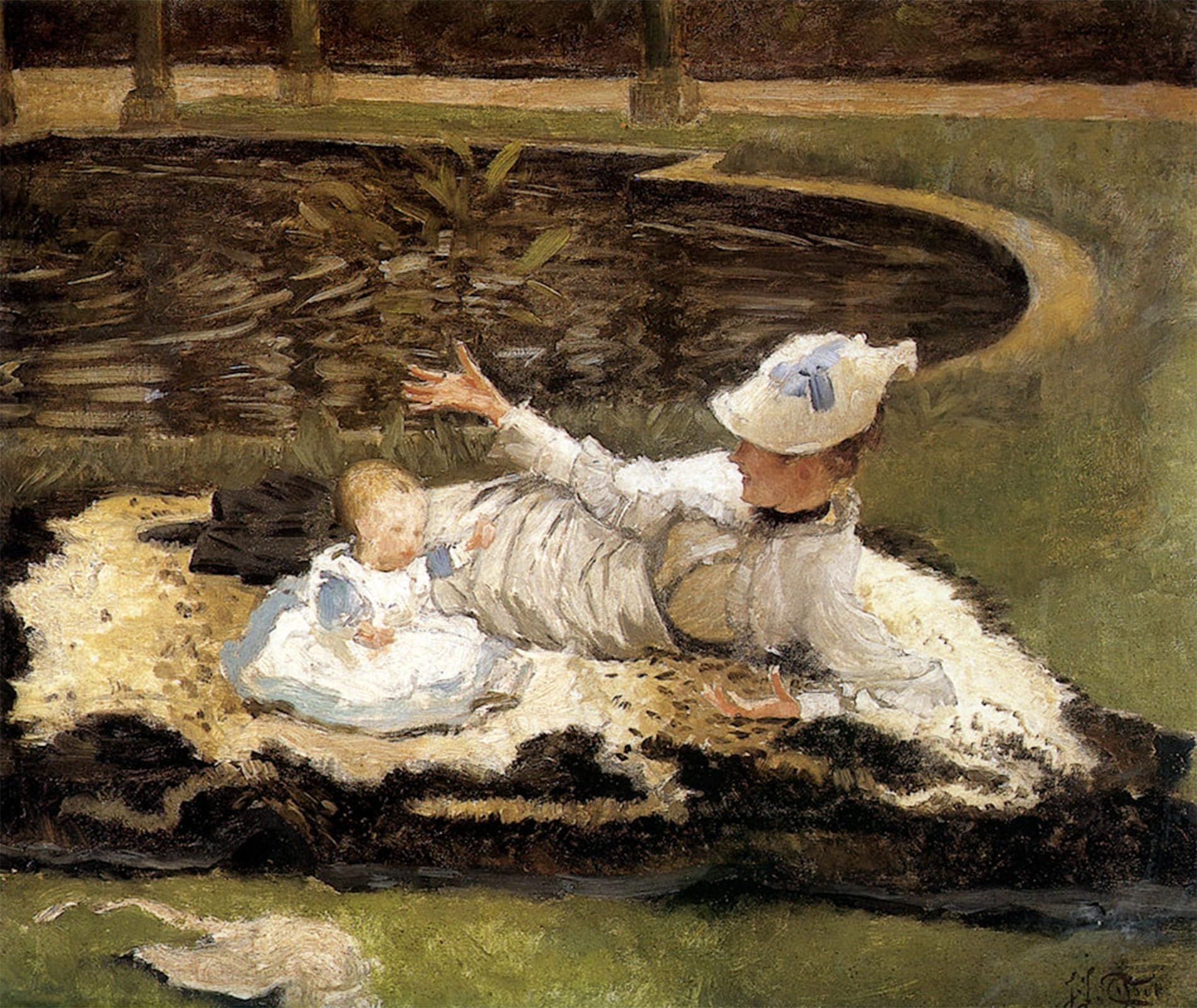 HRJUBWREE Retro Picture Art Painting Wall Poster Mrswith a Child by a Pool by Jacques Vintage Art Print for Home Decor 60x90cm