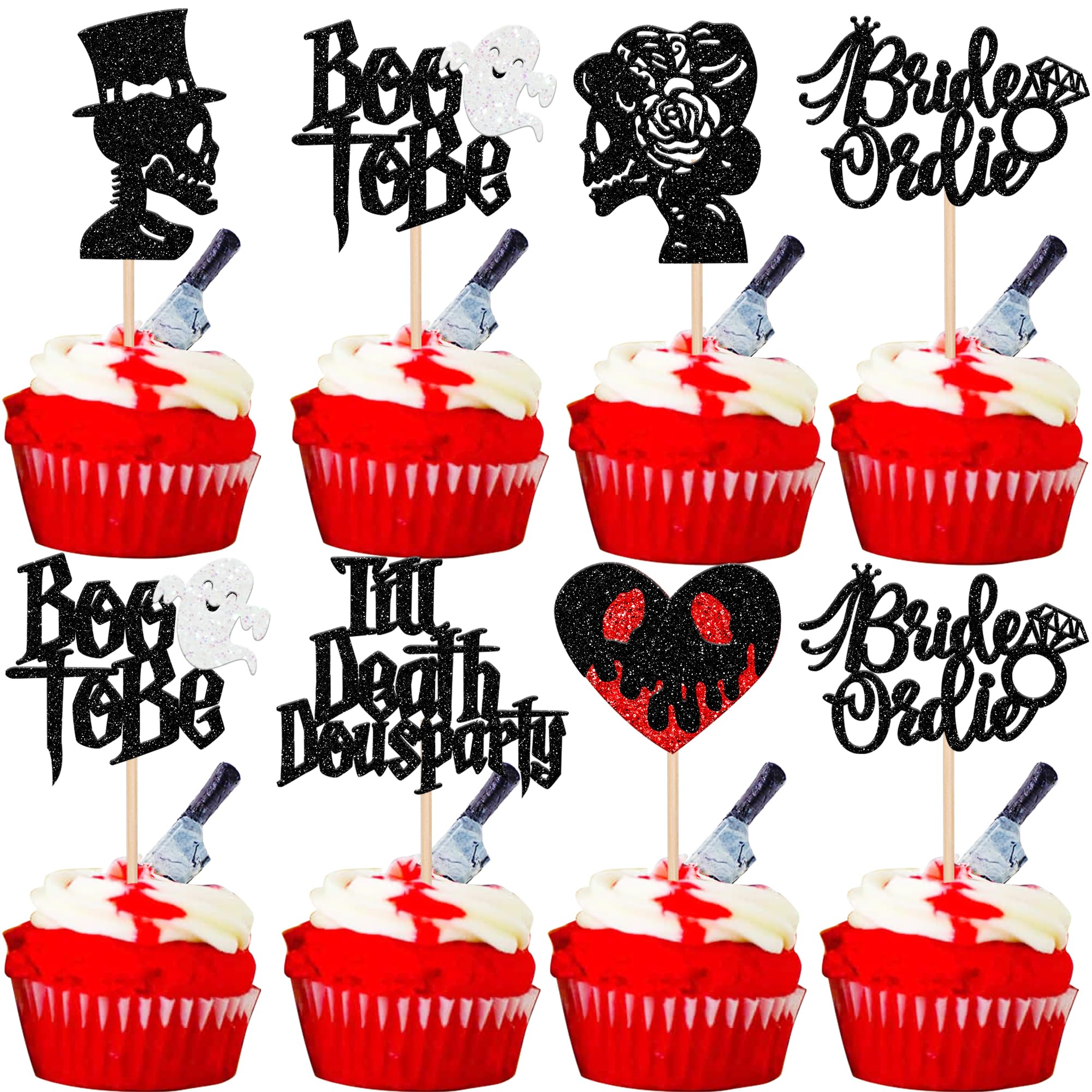 Rsstarxi 24 Pack Halloween Bachelorette Cupcake Toppers Glitter Ghost Bride or Die Boo To Be Ring Cupcake Picks for Halloween Horror Theme Birthday Engagement Party Cake Decorations