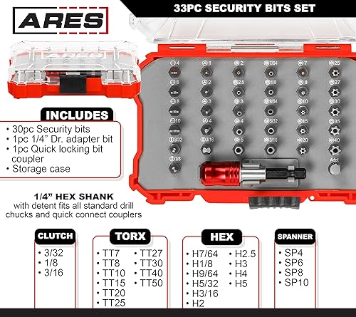 Miniatura 2 de ARES 31016-Juego de brocas de seguridad de 33 piezas con acoplador de brocas de bloqueo rápido  resistentes a manipulaciones SAE y puntas métricas