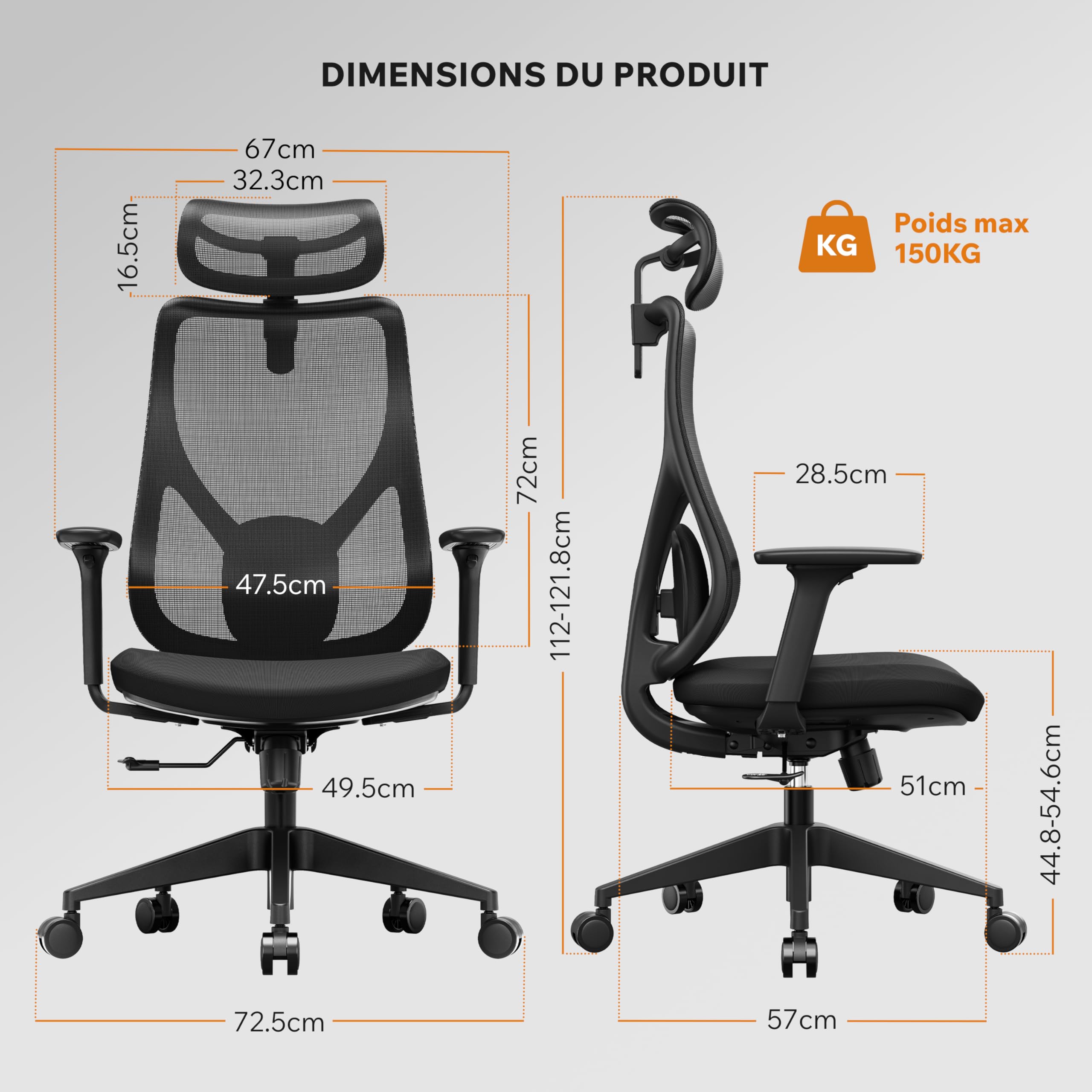 SENSE7 Chaise Ergonomique de Bureau Fauteuil 150kg Maille Respirante Noir