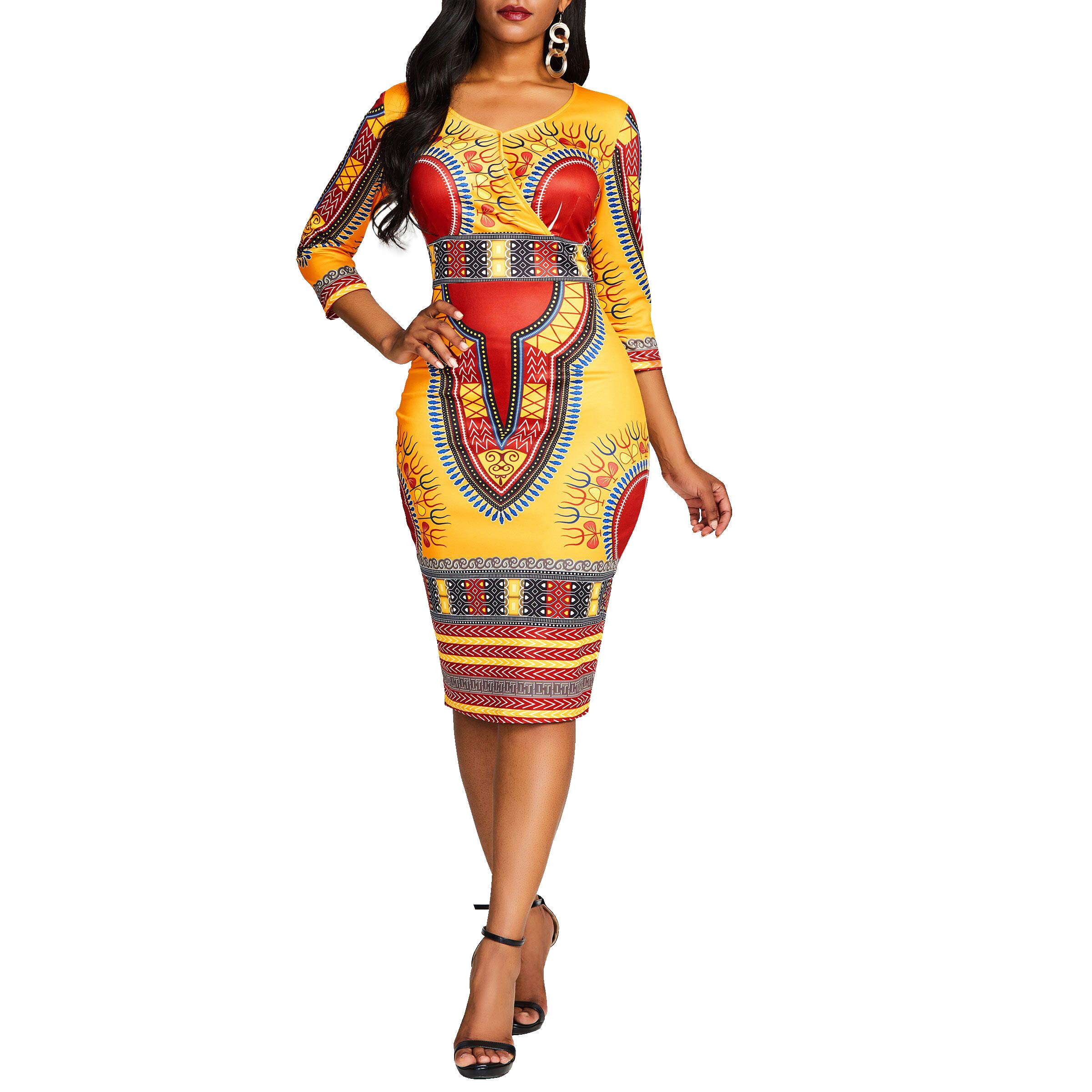 VERWIN Mid-Calf V Neck Three Quarter Sleeve Print Women's Bodycon Dress African Midi Dress L Ochre