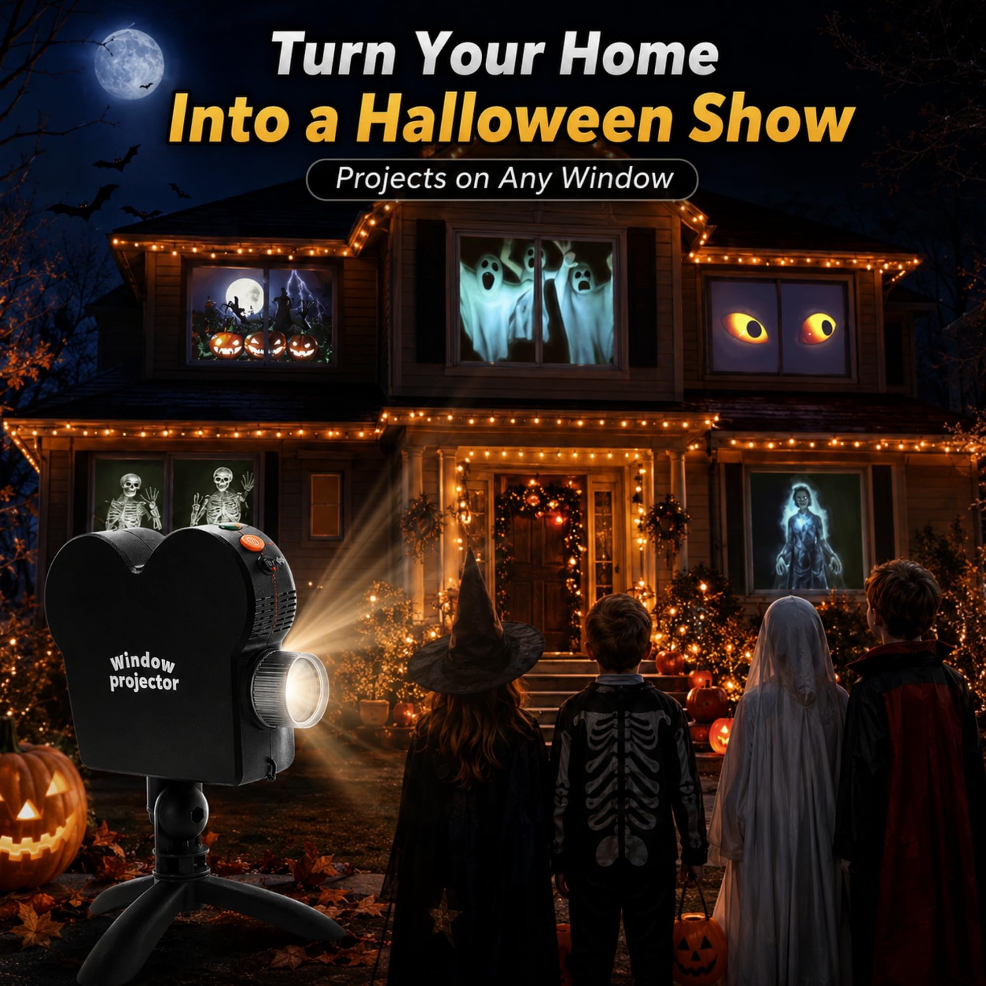 Halloween Projektor Fenster, Rückprojektor mit Stativ & 1,2x1,8m Projektionsleinwand, 6 Halloween & Weihnachts Motive, Horizontal/Vertikal Projektion für Fenster, Zuhause und Party Dekoration