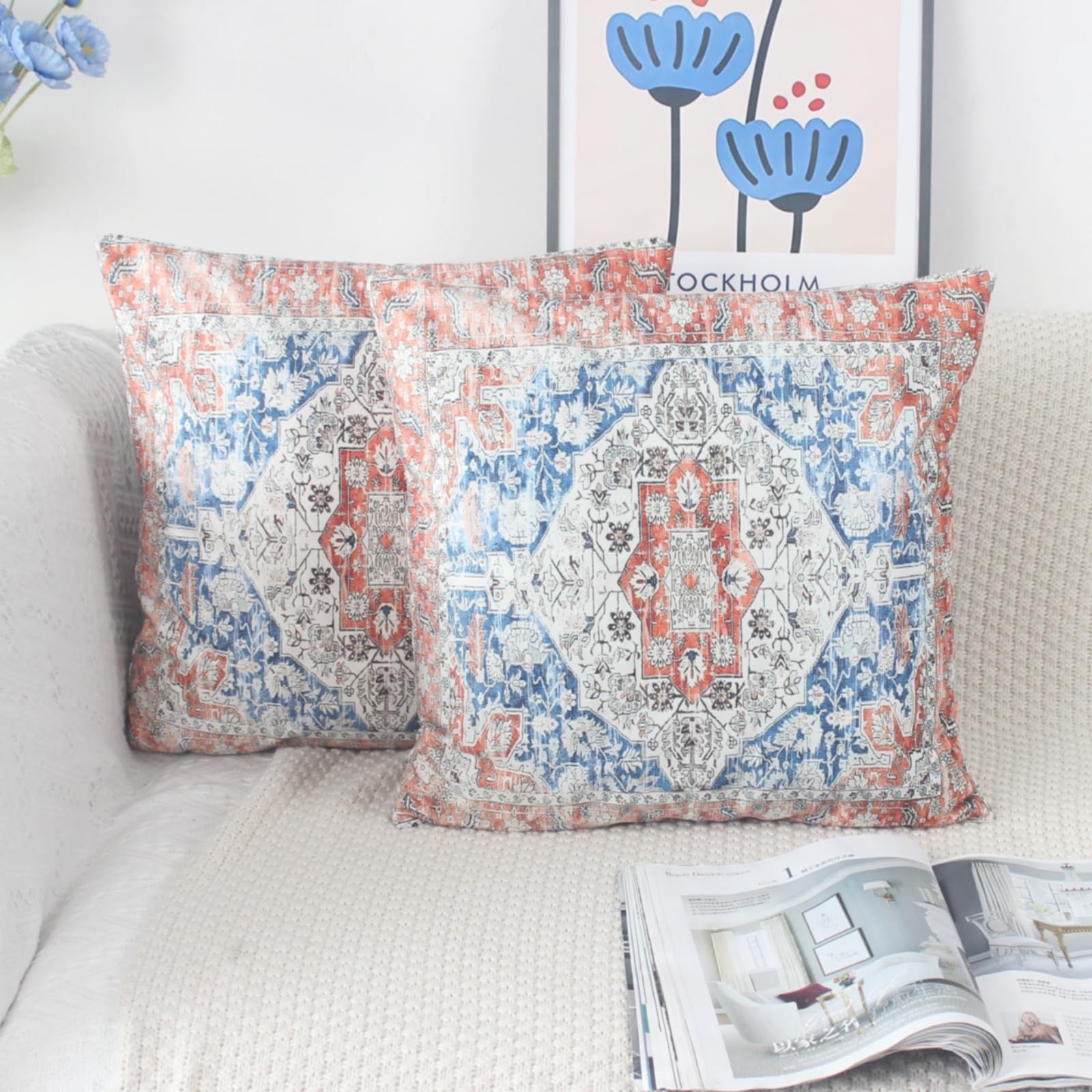 Boho Kissenbezug 50x50cm Im 2er-Set | Orange Leinenoptik Deko-Kissen