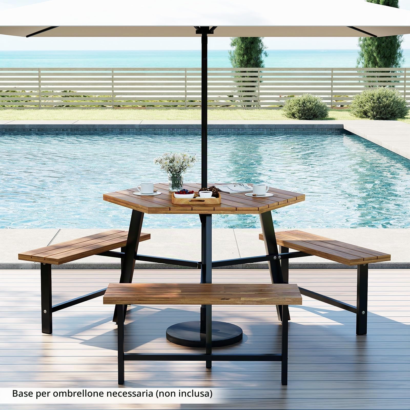 GIANTEX Tavolo da Picnic per 6 Persone, Tavolo da Giardino in Legno di Acacia con Foro per Ombrellone e 3 Panche Integrate, Set da Pranzo Resistente alle Intemperie per Terrazza, Cortile, Giardino