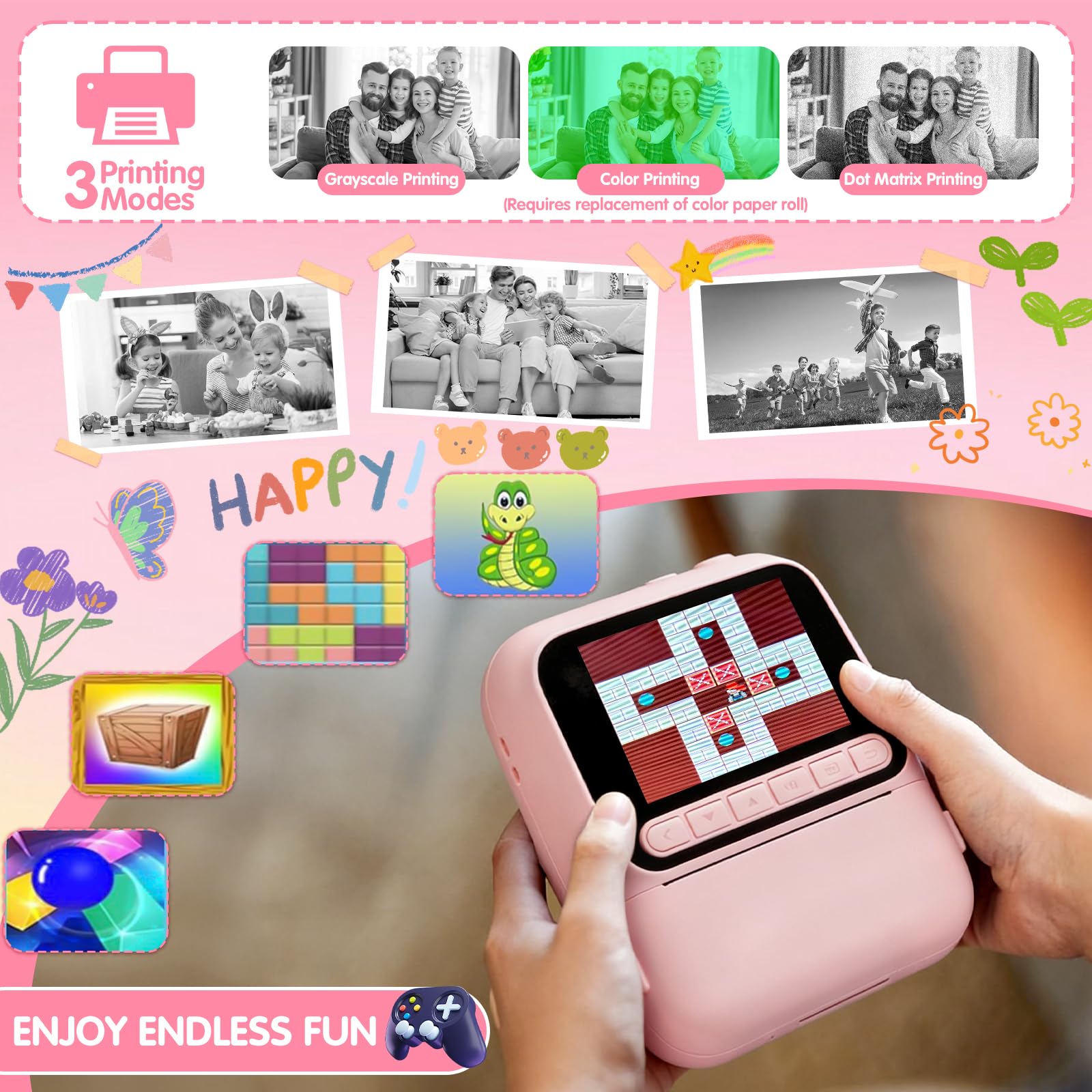 Macchina Fotografica Bambini Istantanea,2,4" Fotocamera Istantanea,1080P HD Fotocamera Digitale con 32 GB Scheda,6 Rotoli di Carta da Stampa e Penne Colorate,Regalo per Ragazze Ragazzi da 3-12