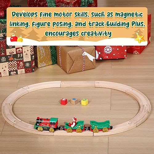 Miniatura 2 de Jenaai Juego de tren eléctrico de Navidad de 17 piezas con 8 pistas curvas y 2 pistas rectas, bloques de regalo de figuras de Papá Noel, trenes a