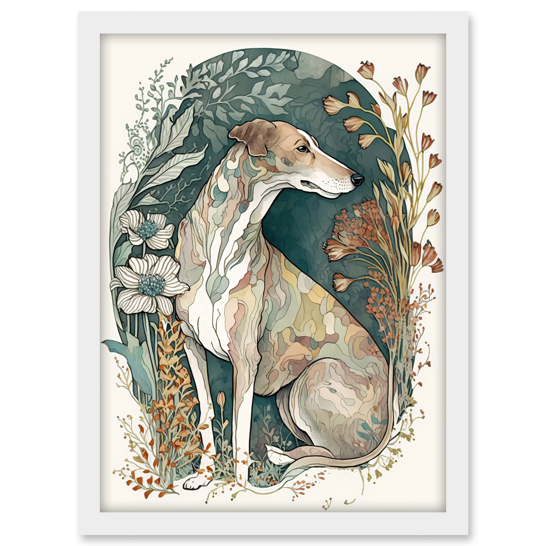 Artery8 Greyhound Dog in Flower Field Modern Pastel Boho Watercolour Illustration Artwork Framed A3 Wall Art Print