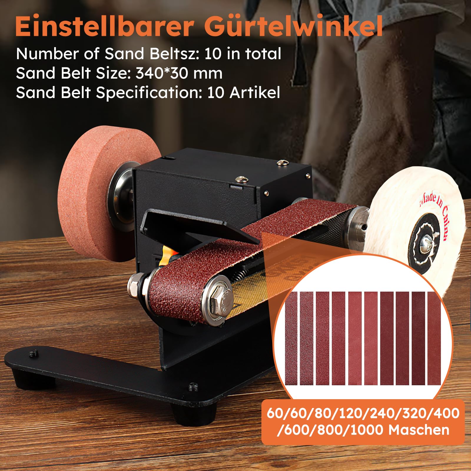 Mini Bandschleifer, 350W Elektrischer Bandschleifer, 7-Stufig Verstellbarer Polierer, DIY Polierschleifmaschine mit 10 Schleifbänder Geliefert, Schleifscheibe und Polierscheibe zum Polieren von Holz