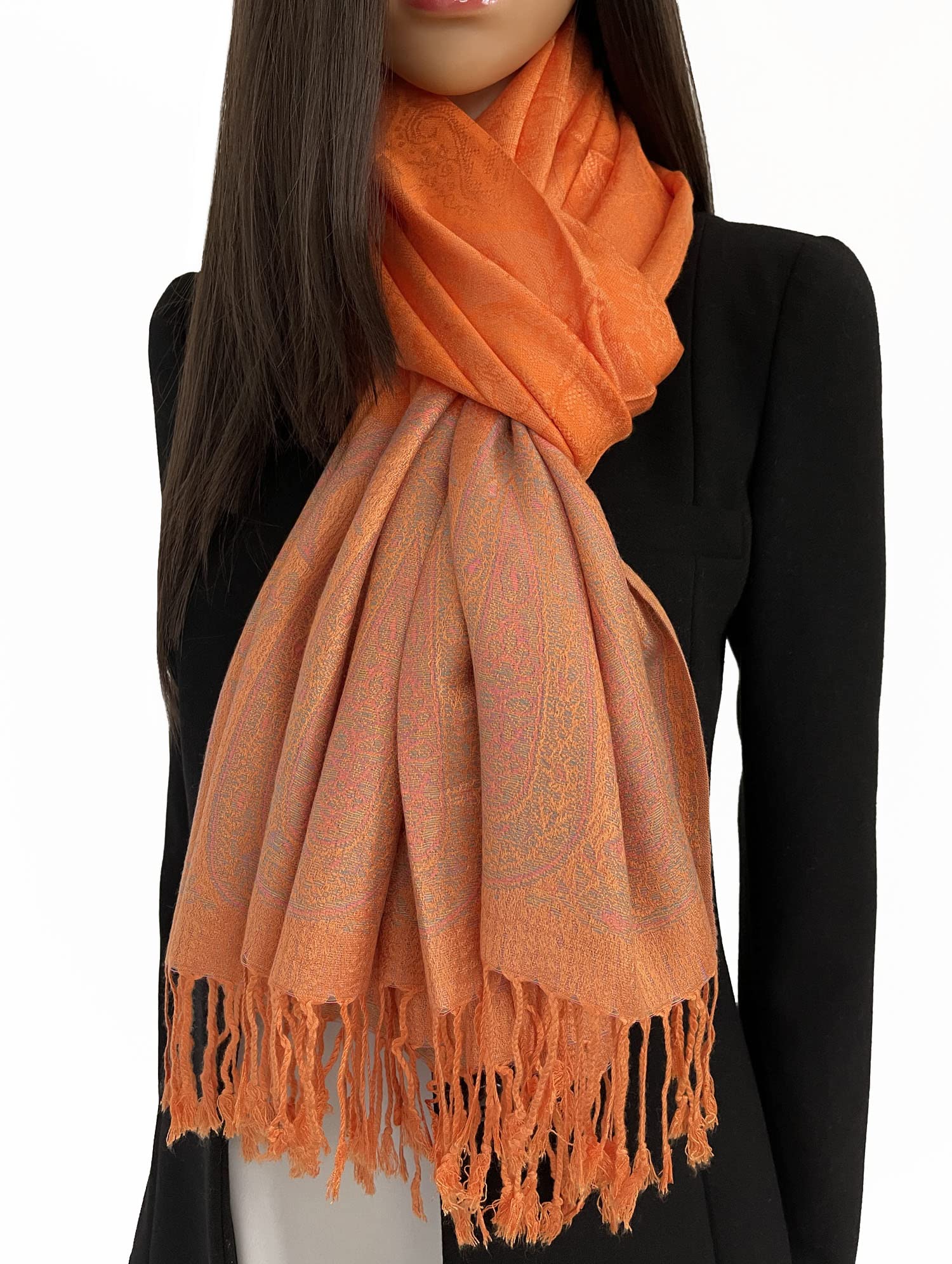 The Accessory Co. Women's Paisley Orange Pashmina Scarf Shawl Wrap - Large Long Paisley Floral Rainbow Scarves, Wearable Blanket Scarf, Winter Scarfs, Indian Shawl Wedding Evening Stole (Paisley Orange)