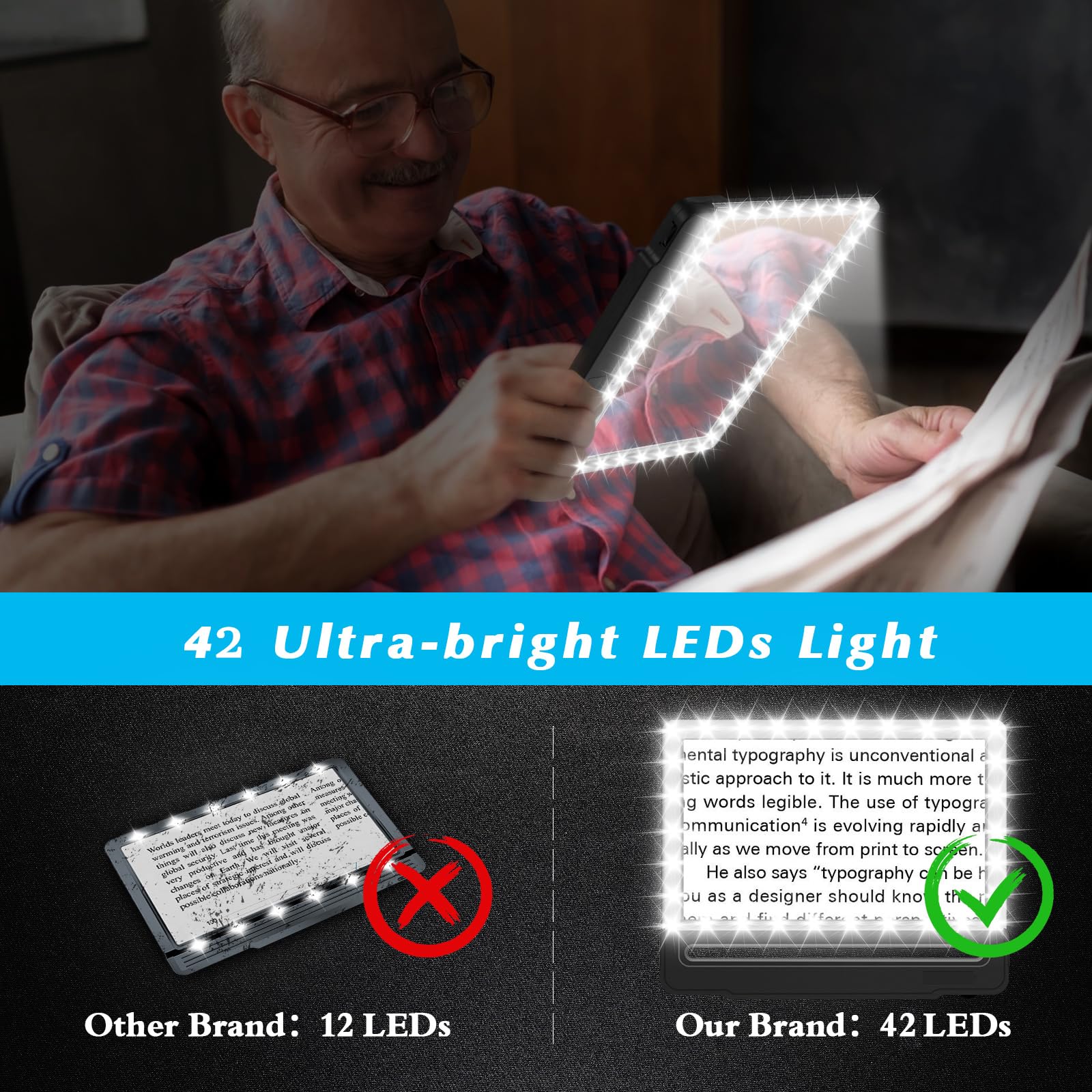 NZQXJXZ Grande Lente Ingrandimento con Luce, 5X Lente di Ingrandimento per Lettura con 42 LED Luminosi Dimmerabili, Perfetta per Libro, Cucito, Ipovedenti e Anziani