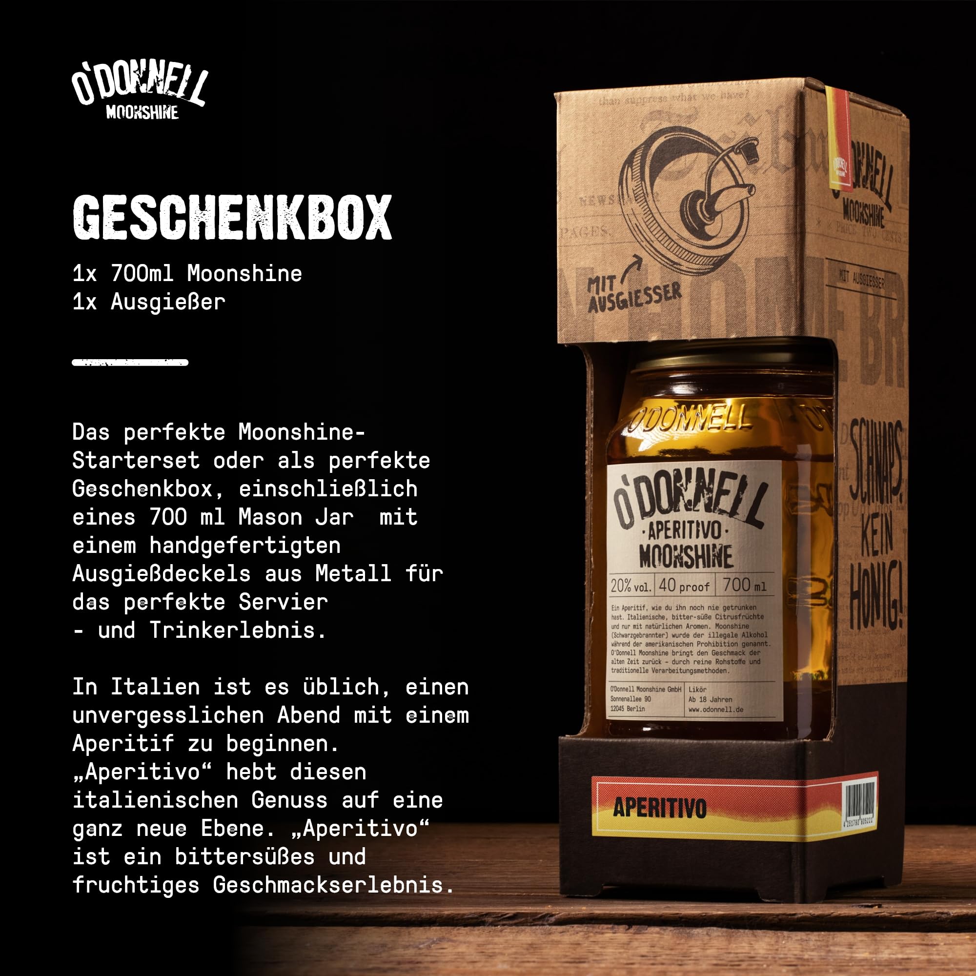 O’Donnell Moonshine Aperitif Likör mit Kräutern (Set 700ml + Ausgießer) Aperitivo Zitrusfrüchte & Kräuter Likör, Balance aus bitter, süß & fruchtig, Made in Berlin – Ohne künstliche Aromen/Farbstoffe
