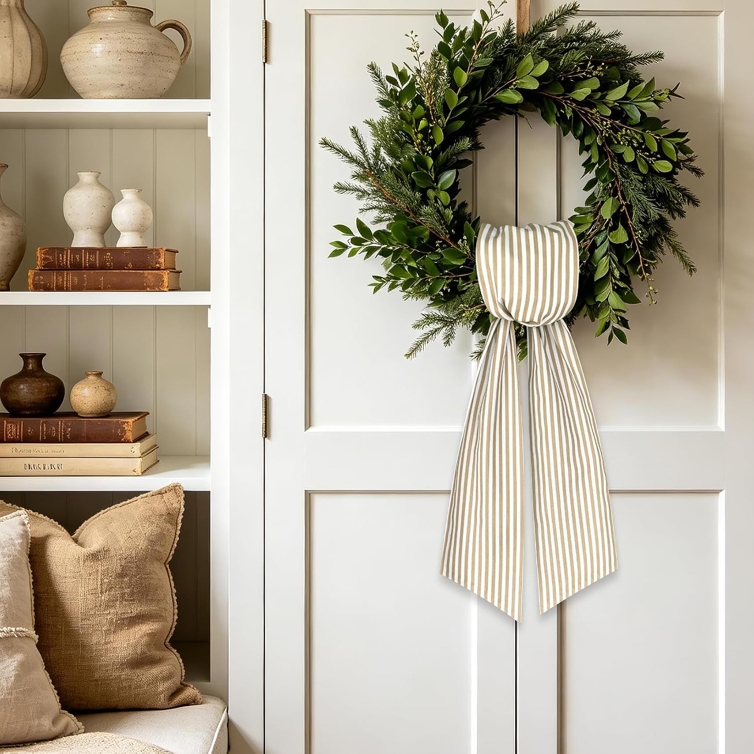 Wreath Sash for Front Door, 5.1'' x 55.5''(Khaki and White Stripe)