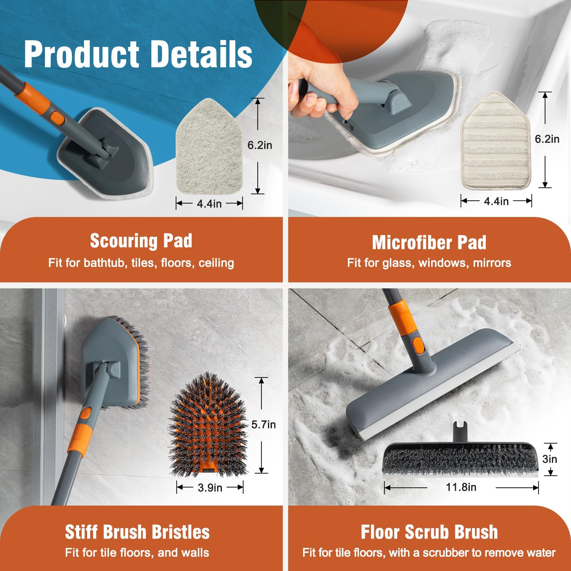 CLEANHOME Brosse à récurer pour sol, carrelage, baignoire avec 4 têtes de nettoyage différentes, brosse de douche avec long manche extensible de 142,2 cm, brosse à récurer pour nettoyer la cuisine, la