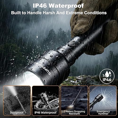Miniatura 6 de SuperFire Linterna recargable de alto lúmenes de 3000 lúmenes, potente linterna LED con 6 modos, carga USB, IP46 impermeable, indicador de batería