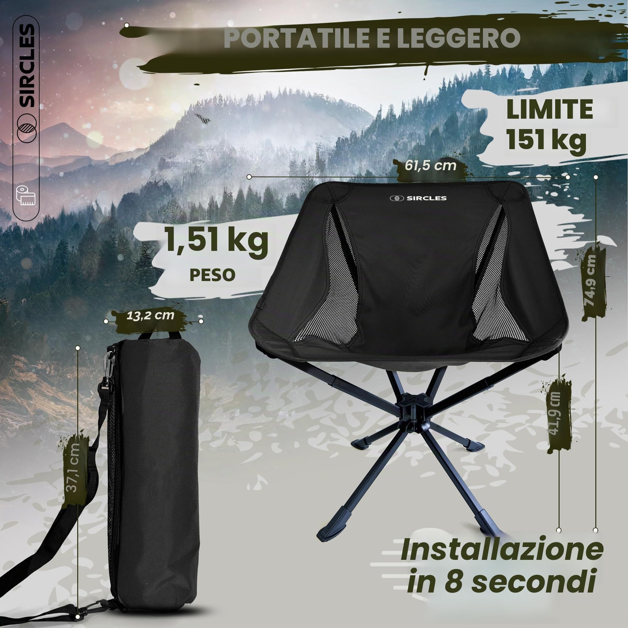 SIRCLES Sedia da campeggio portatile e girevole, installazione in 8 secondi, pieghevole in 5 secondi, ultraleggera e resistente, in lega di aeromobile, spaziosa, con 2 borse laterali, tessuto Oxford,