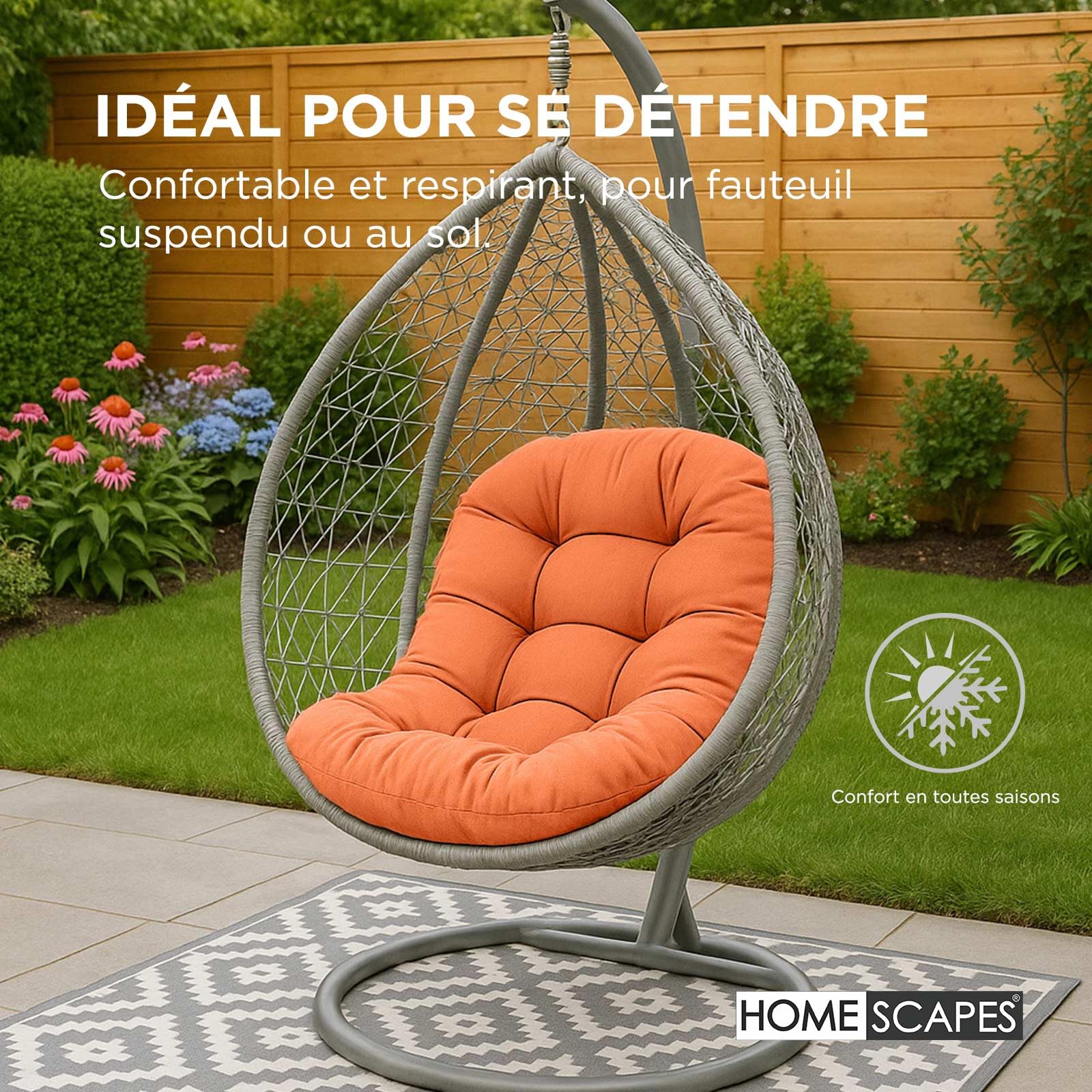 HOMESCAPES Coussin pour Fauteuil Suspendu extérieur, Coussin de Rechange pour Fauteuil œuf – Usage intérieur et extérieur - Terracotta