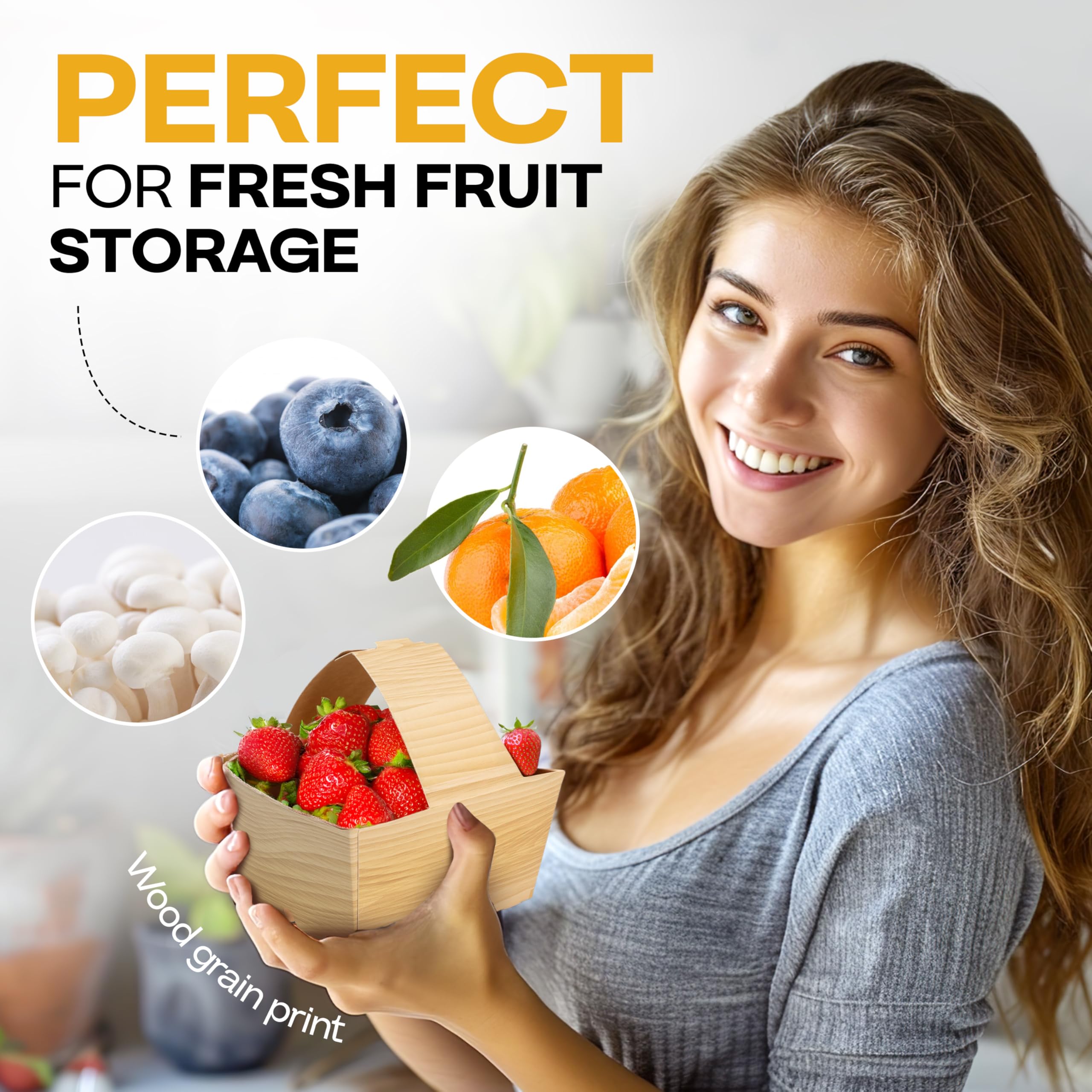 IDL Packaging Cestini per bacche da 3 pinte, con manici, stampa con venature del legno (confezione da 50), realizzati negli Stati Uniti, resistenti, in cartone per alimenti, per frutta e verdura