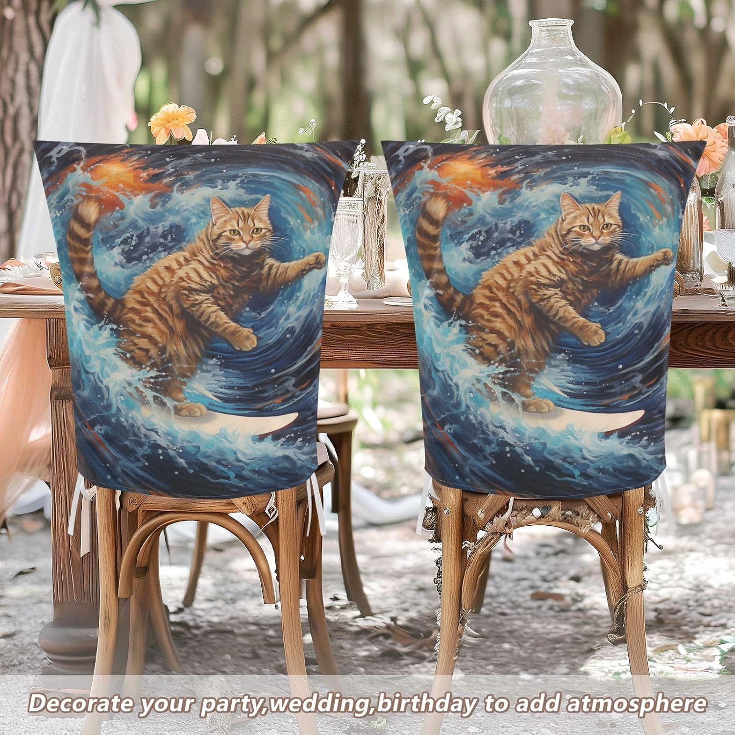 ALAZA Cat Surfing in The Ocean Chair Back Cover Set of 6, Washable Reusable Removable Chair Slipcovers Decorative Chair Cover for Home Kitchen Wedding Party