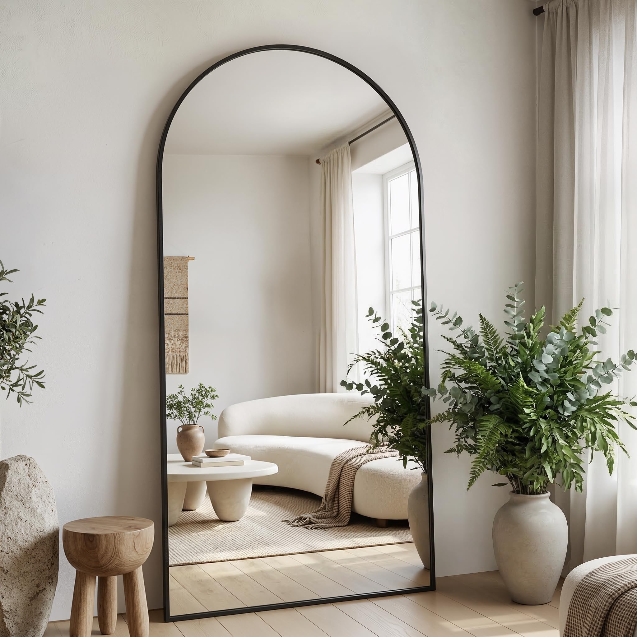 Condition photo showing New/Like New for full length mirror, 81"x41" floor mirror freestanding, oversized floor standing mirror full body mirrors with stand for bedroom, hanging mounted mirrors for living room, black, arched