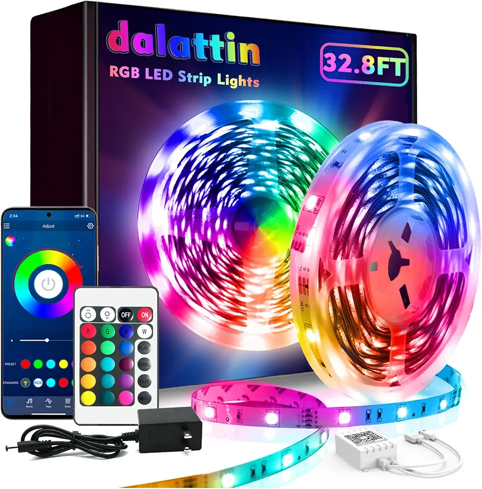 dalattin Luzes de LED para quarto, 10 m, dalattin 1 rolo, luzes LED RGB inteligentes sincronizadas com música, mudança de cor, luzes de dormitório 5050 com controle remoto de aplicativo para quarto