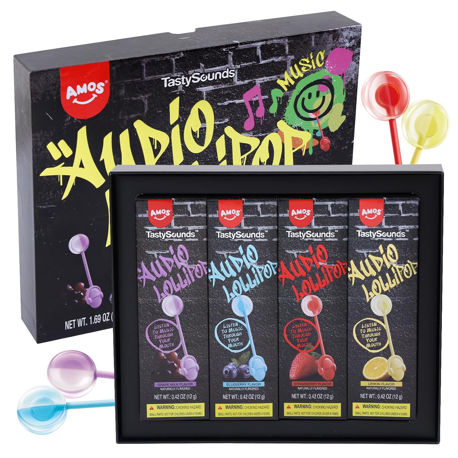 AMOS Music Lollipop Candy Suckers – TastySounds Audio Hip Hop Singing Lollipop, Assorted Fruit Flavors, Sugar-Free, Low-Calorie Snack, 4-Pack Gift Box