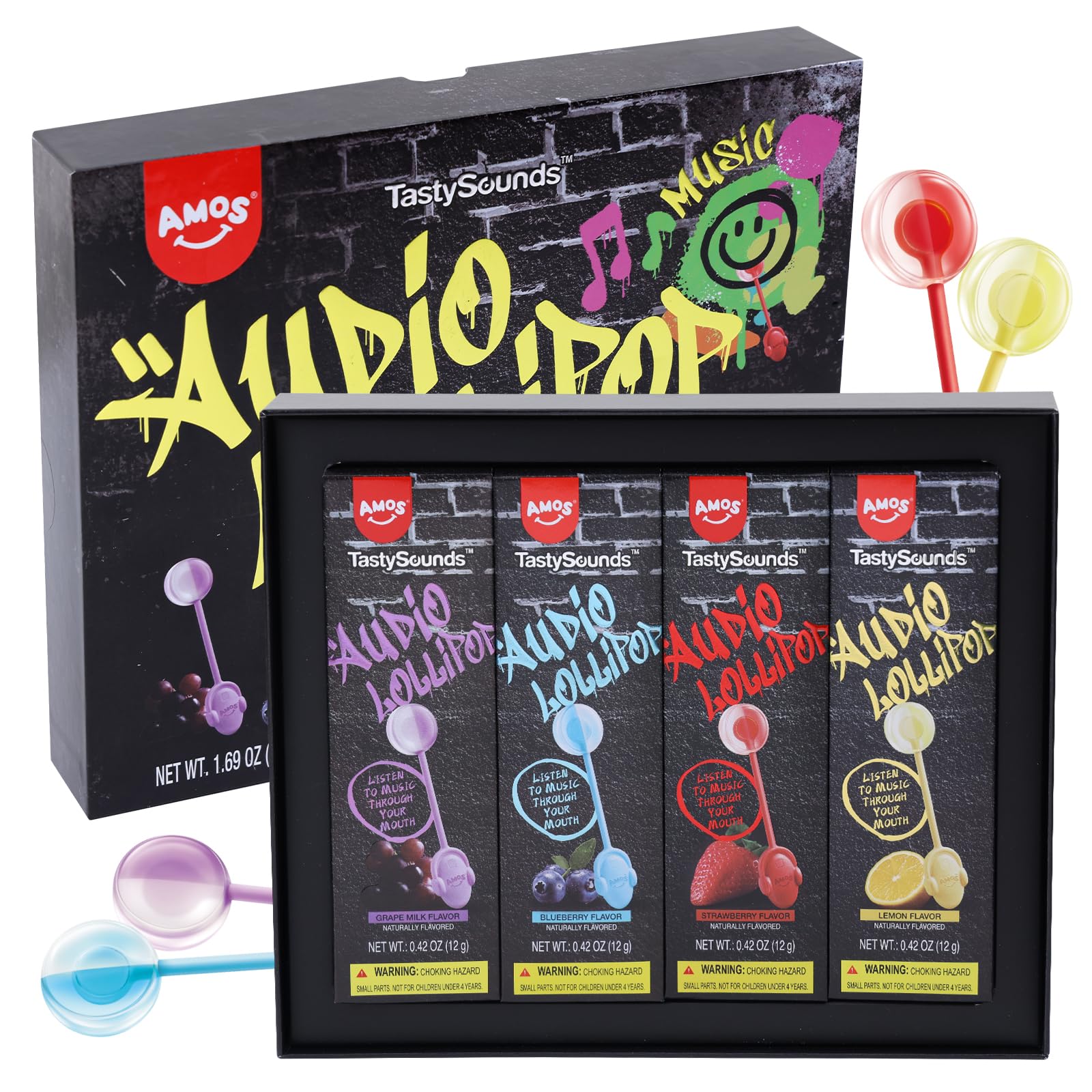 AMOS Music Lollipop Candy Suckers β TastySounds Audio Hip Hop Singing Lollipop, Assorted Fruit Flavors, Sugar-Free, Low-Calorie Snack, 4-Pack Gift Box
