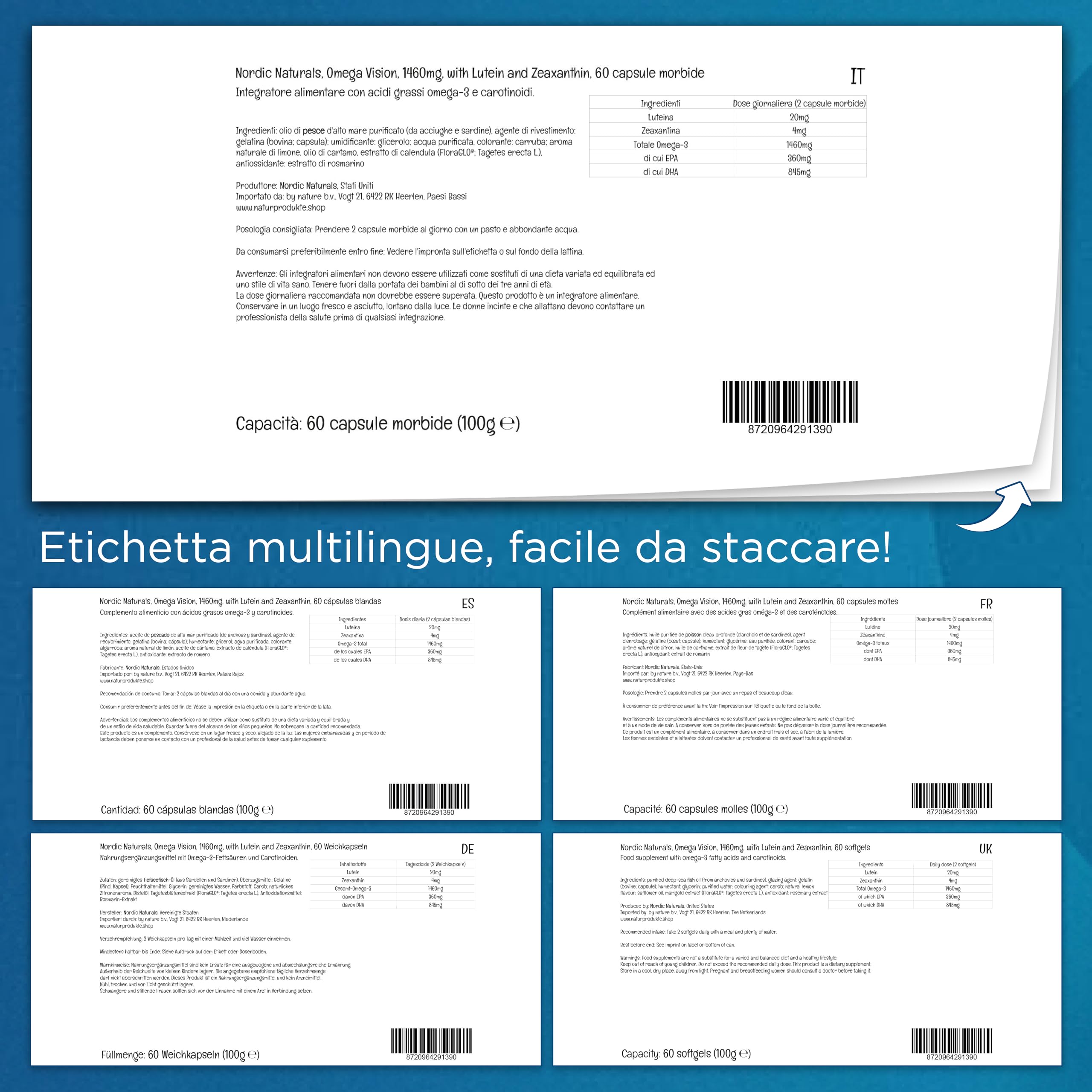 Nordic Naturals, Omega Vision, 1460 mg di Omega-3, con Luteina e Zeaxantina, Altamente Dosato, Gusto Limone, 60 Capsule molli, Testato in Laboratorio, Senza Soia, Senza Glutine, Non OGM