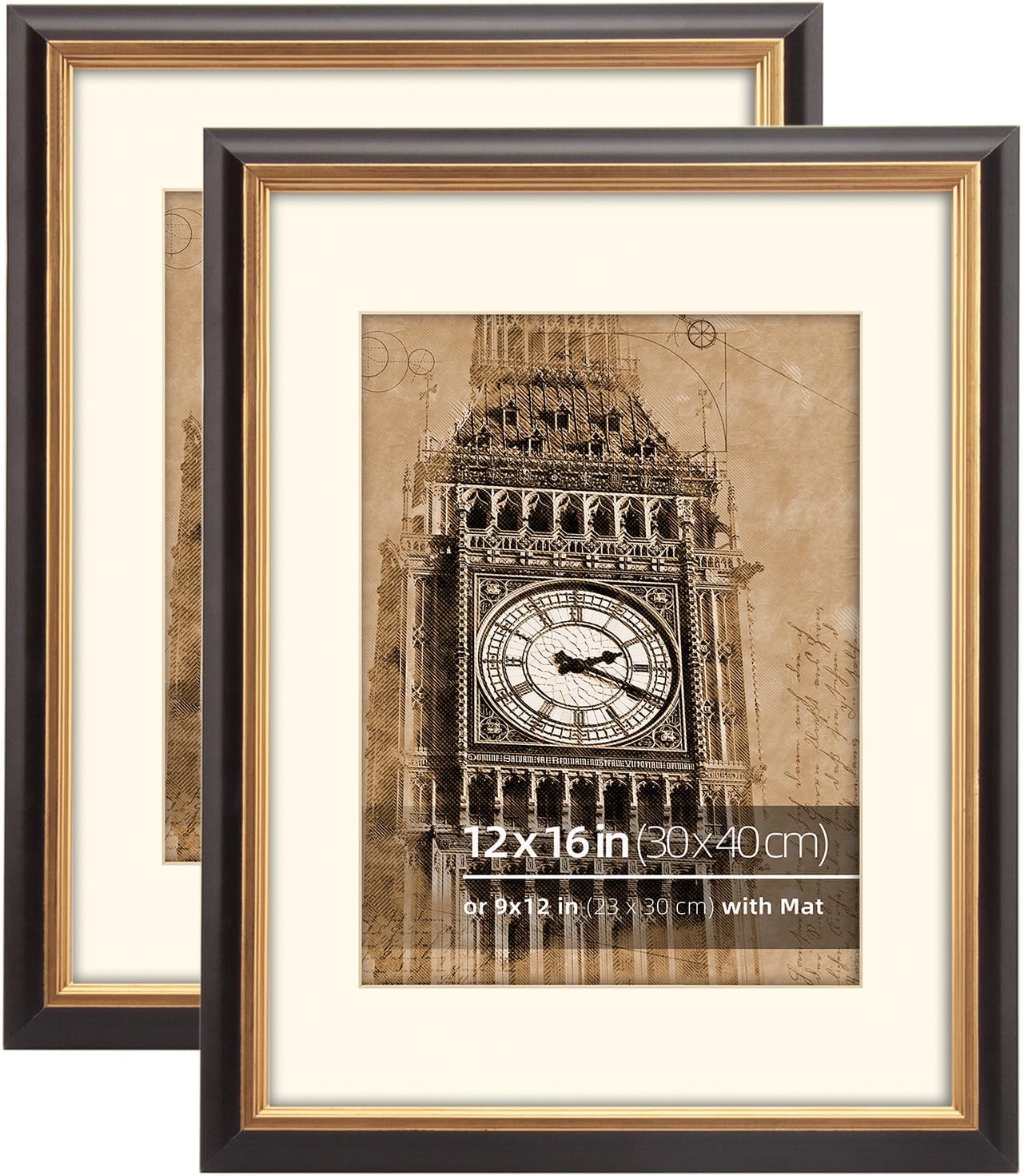 12x16 in 2 Pack Wood Black and Antique Brass 2 Tone Vintage Retro Picture Frame, With Mat 9x12 inches, Real Wood Classic Profile, Plexiglass Protection, Brass Inner Border 12 x 16 in 2pk Antique Brass Inner
