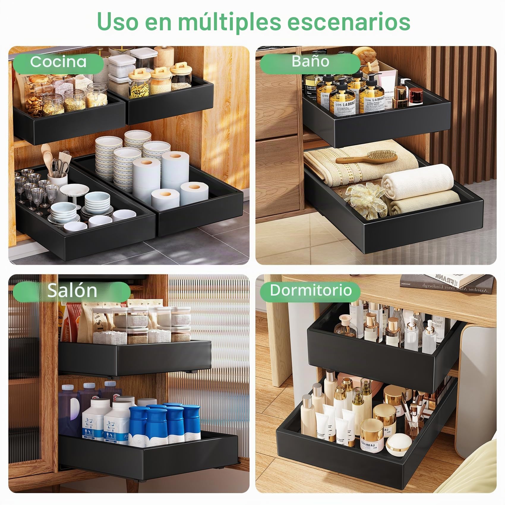 SAYZH Cajones Extraíbles para Cocina - Organizador Cocina con Bandeja Extraíble Armario - Montaje con Cinta Nano-Adhesiva para Cocina, Dormitorio y Baño (25x43x9 cm, Negro)
